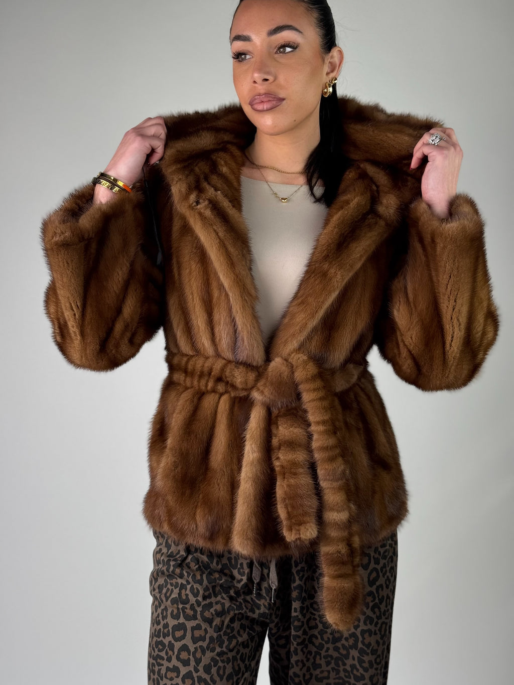 Mink jacket with belt and hood