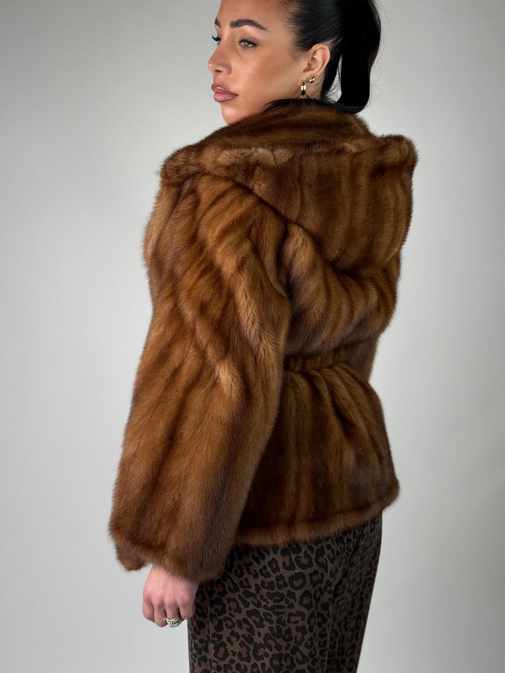 Mink jacket with belt and hood