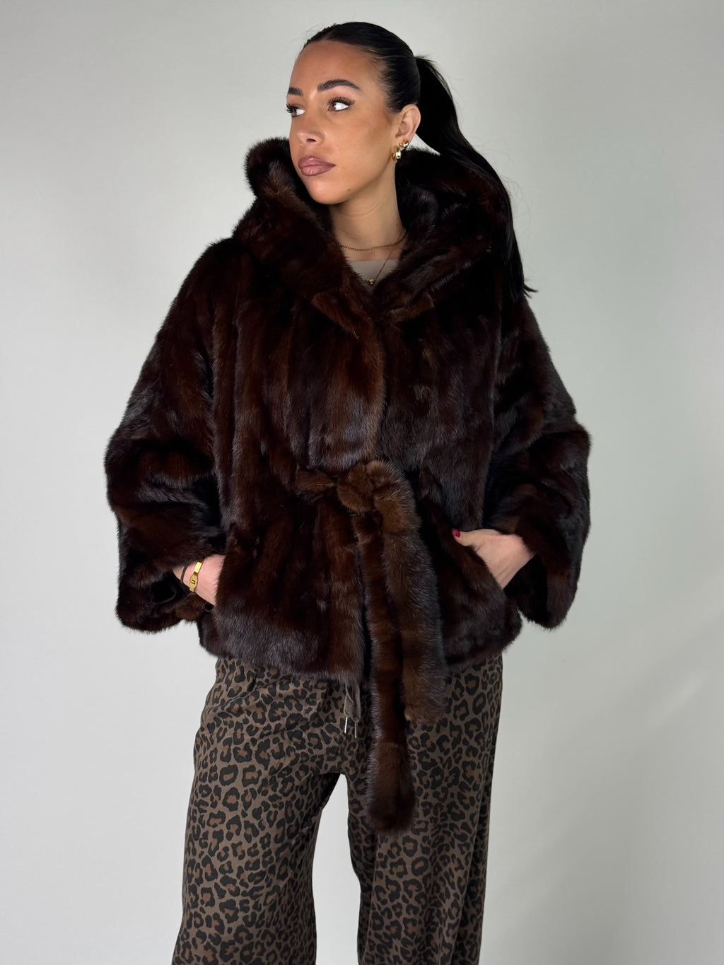 Mink jacket with belt and hood
