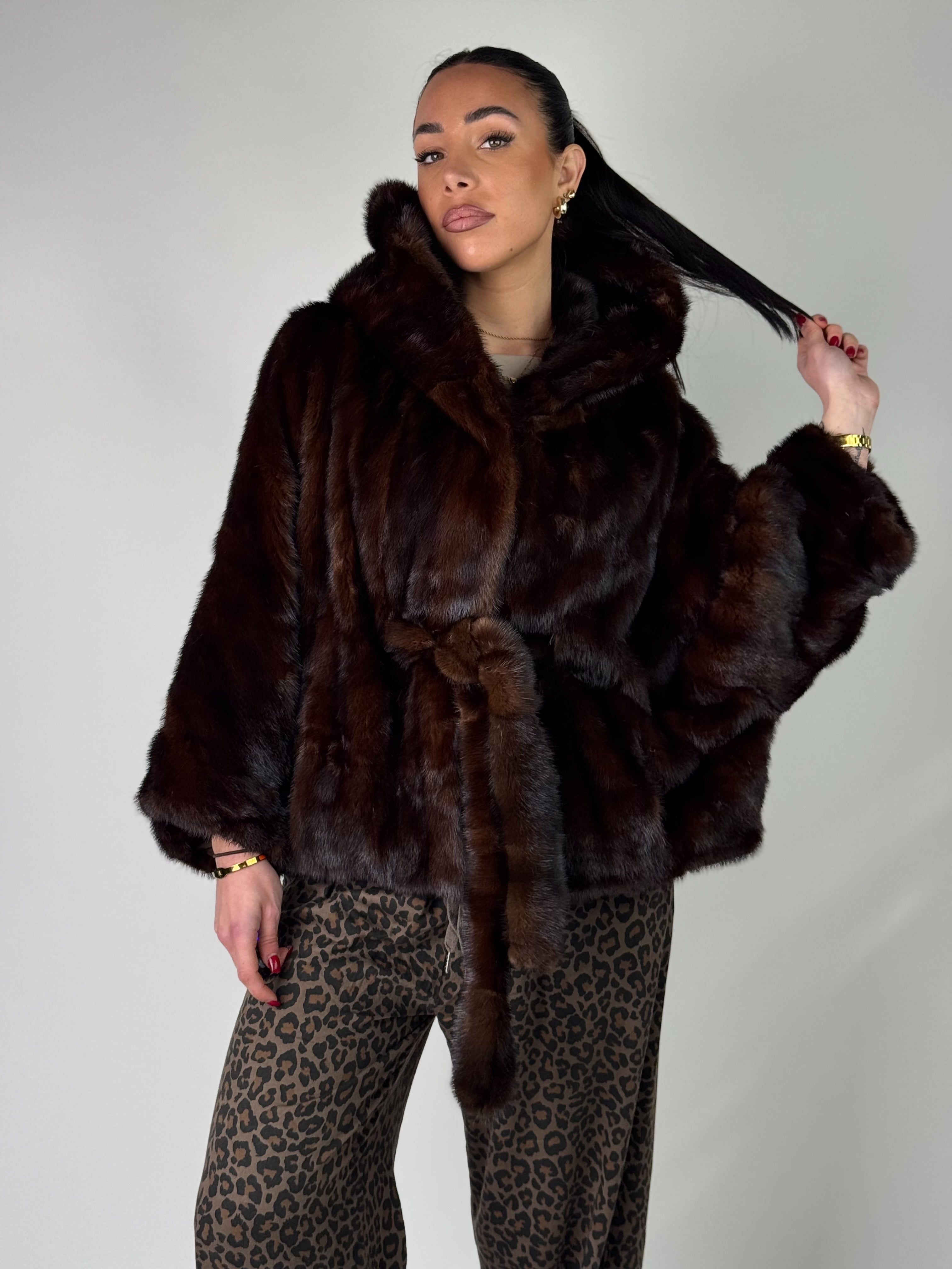 Mink jacket with belt and hood