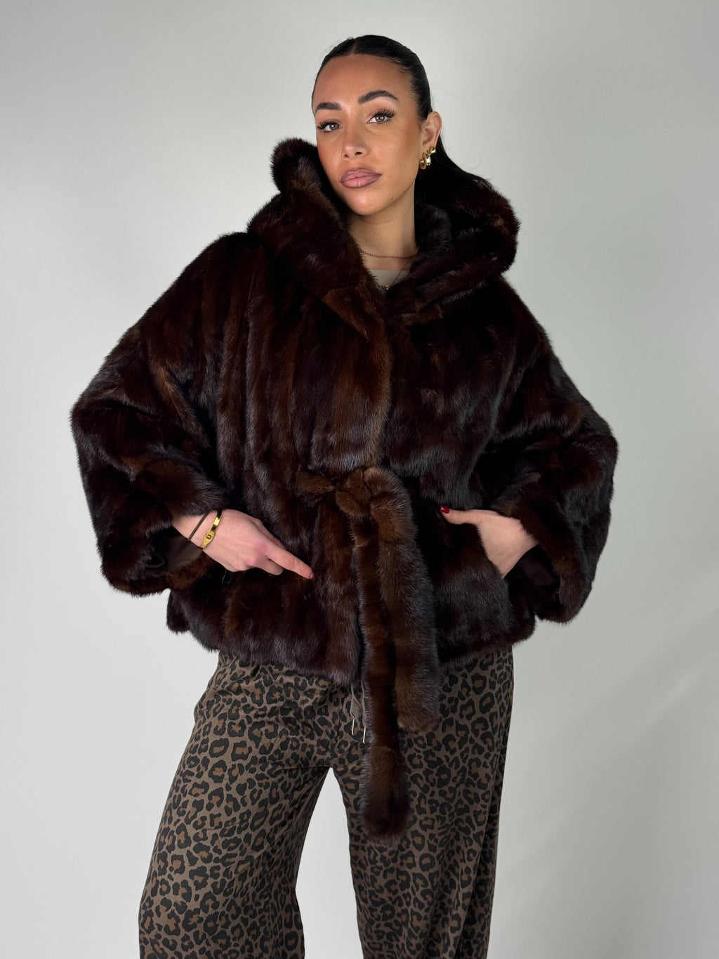 Mink jacket with belt and hood
