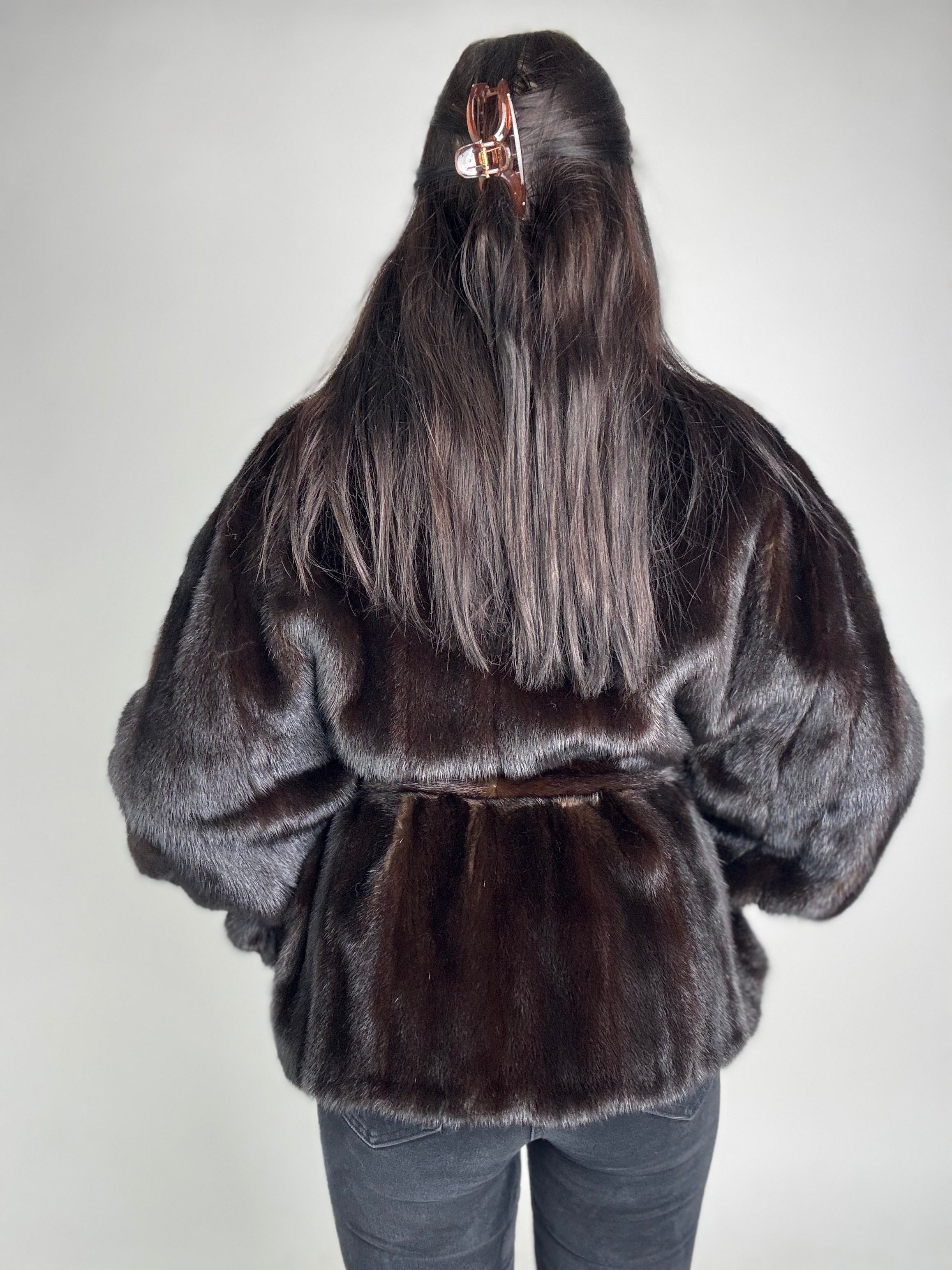 Mink jacket with belt and hood