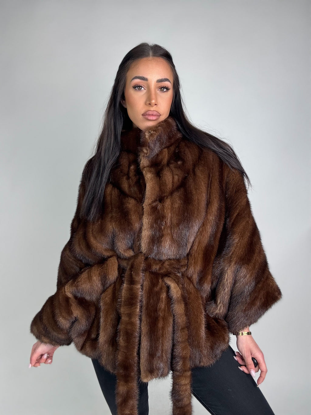 Mink jacket with belt and hood