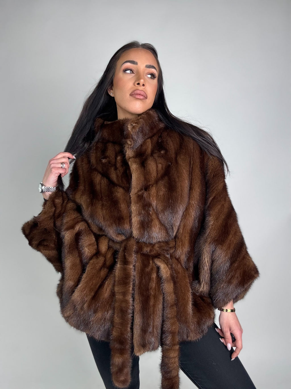 Mink jacket with belt and hood