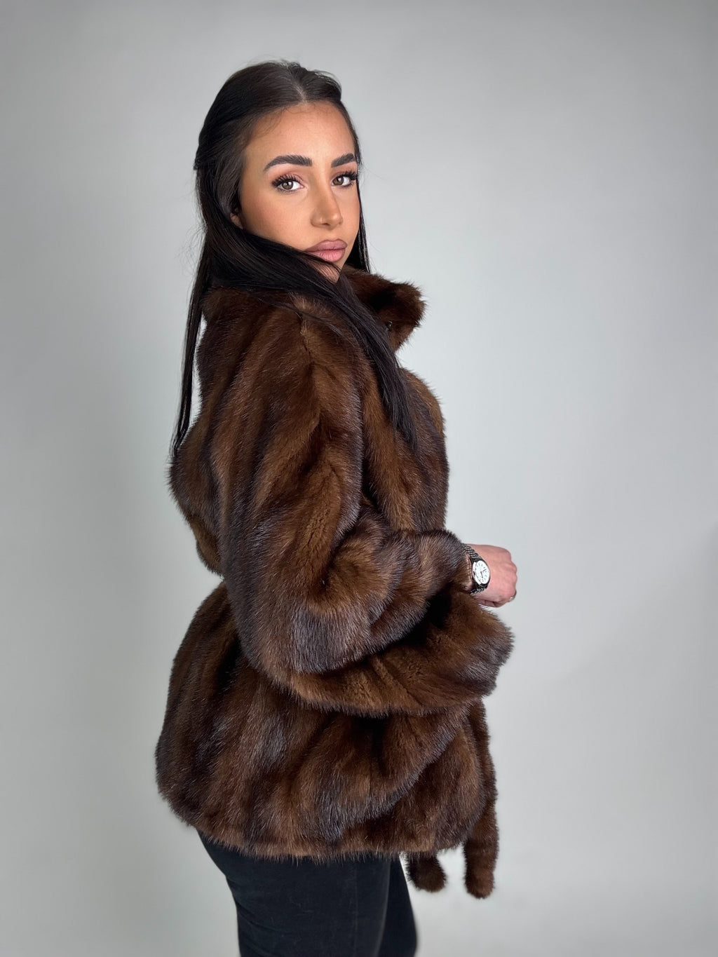 Mink jacket with belt and hood