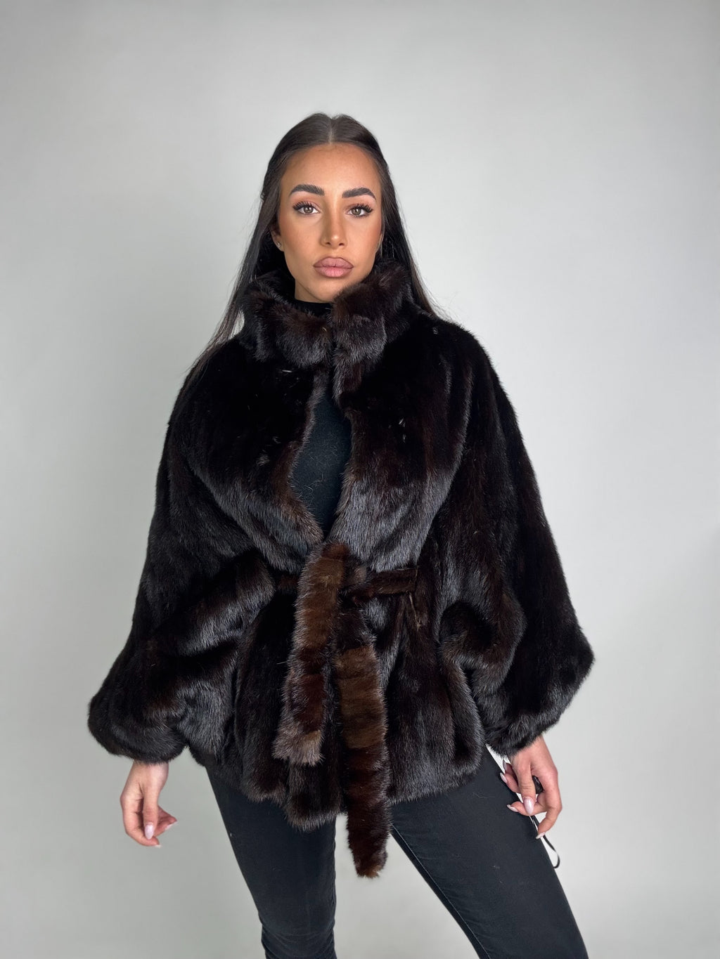 Mink jacket with belt and hood
