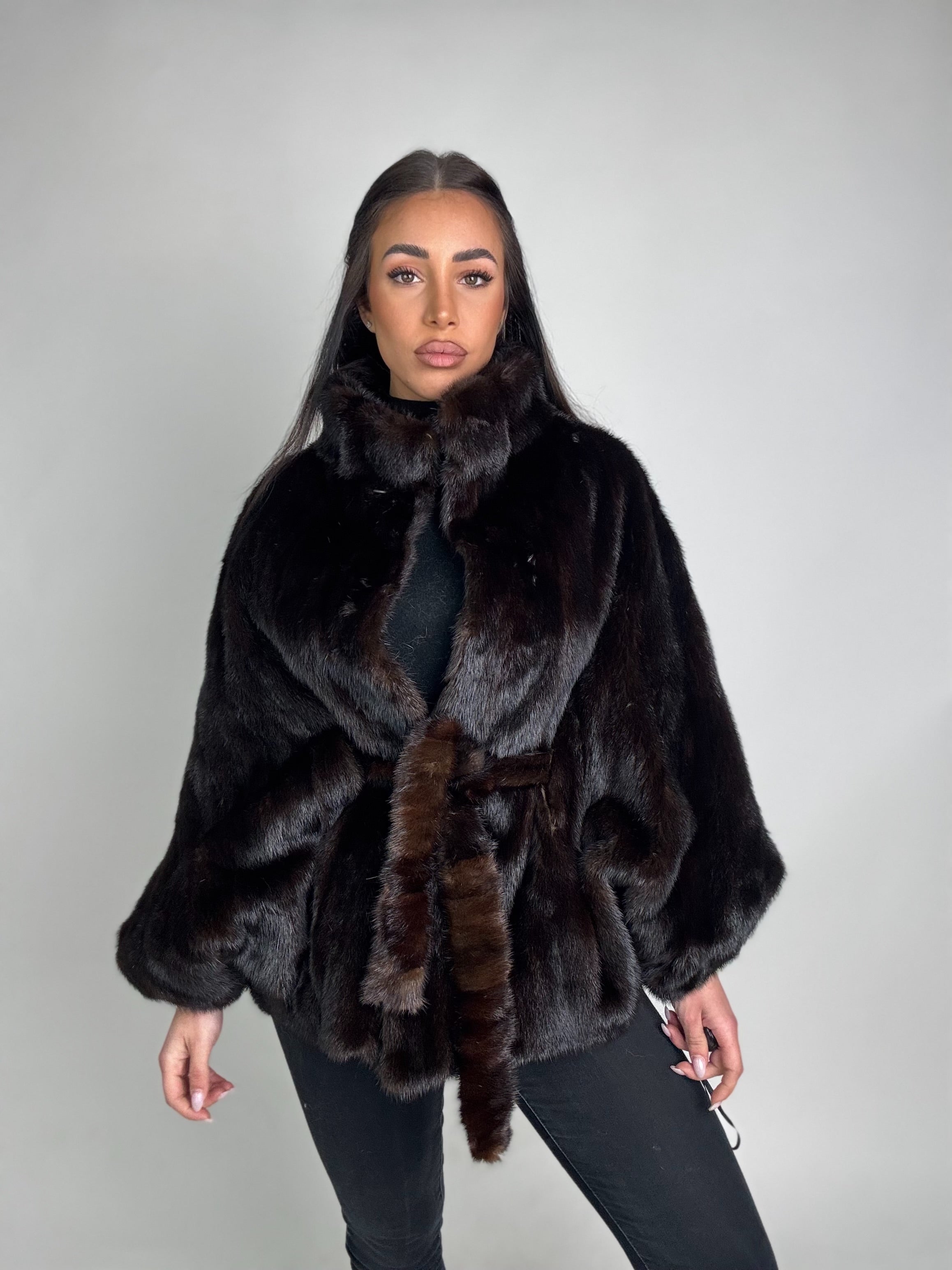 Mink jacket with belt and hood