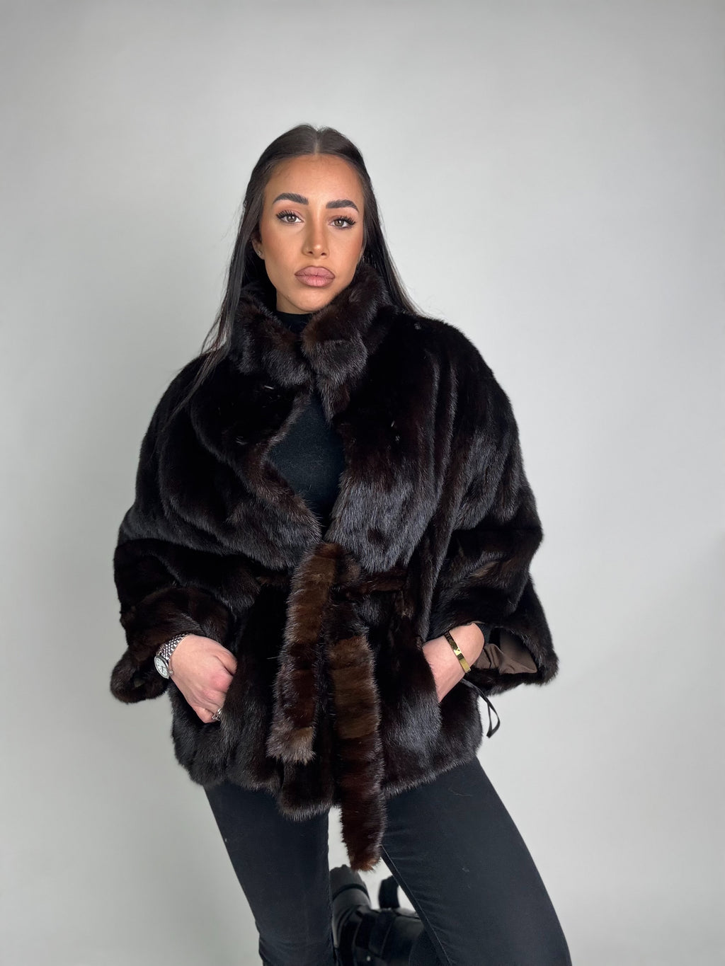 Mink jacket with belt and hood