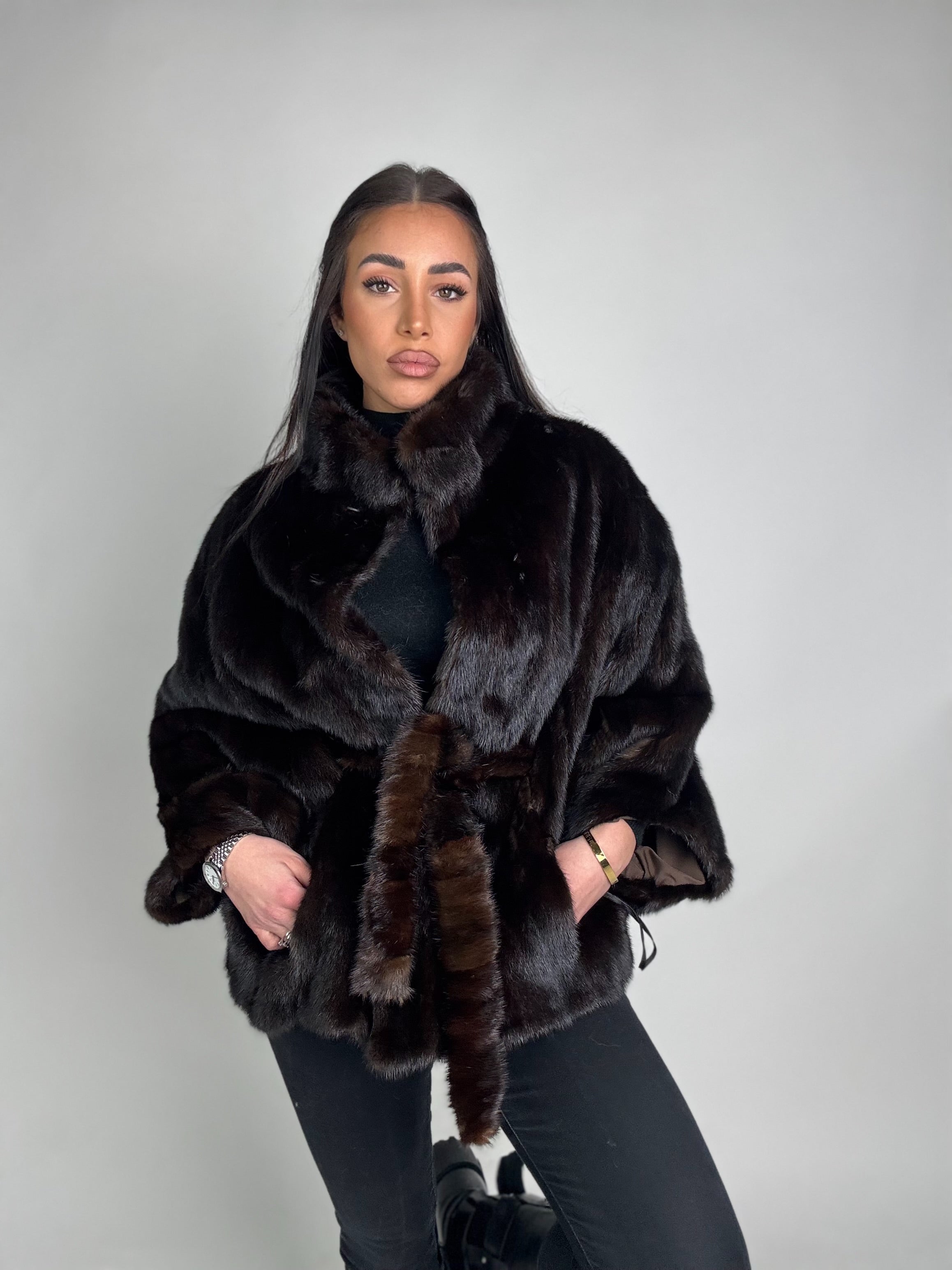 Mink jacket with belt and hood
