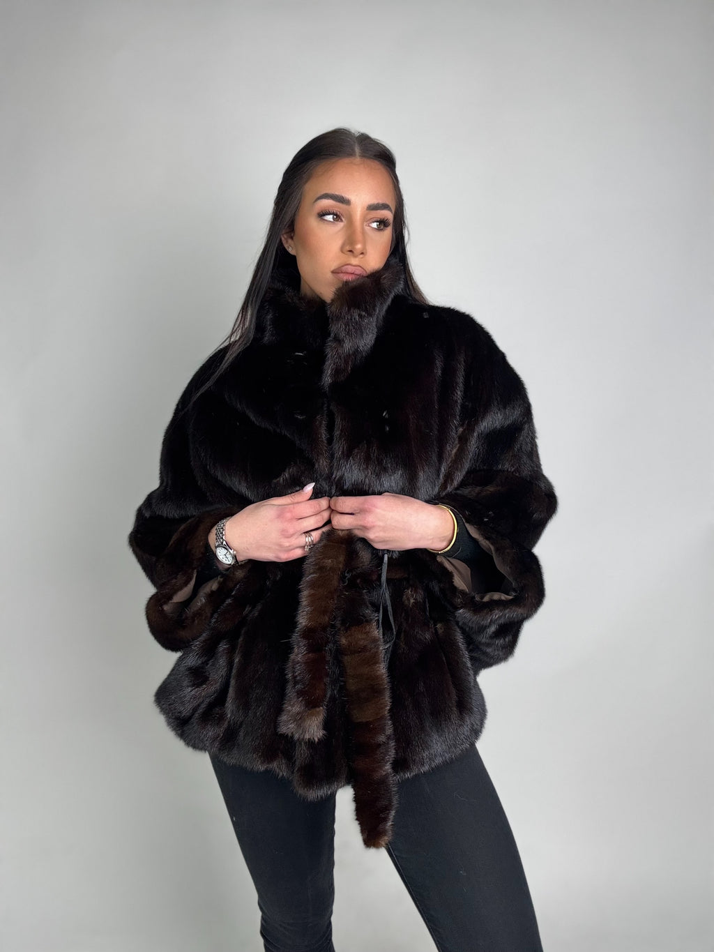 Mink jacket with belt and hood