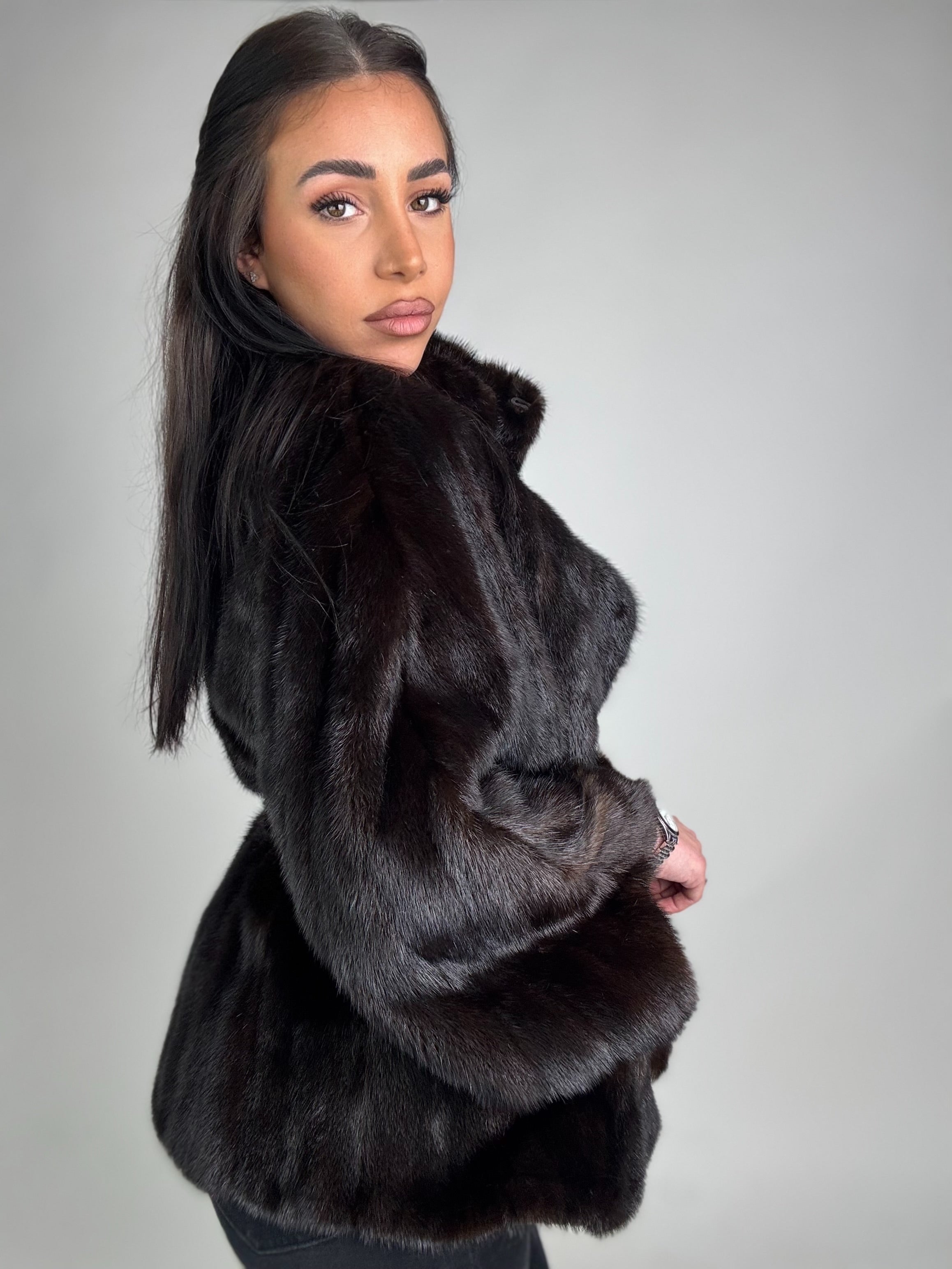 Mink jacket with belt and hood