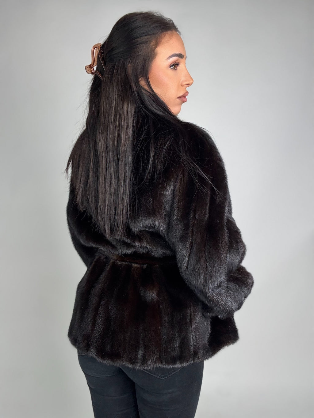 Mink jacket with belt and hood