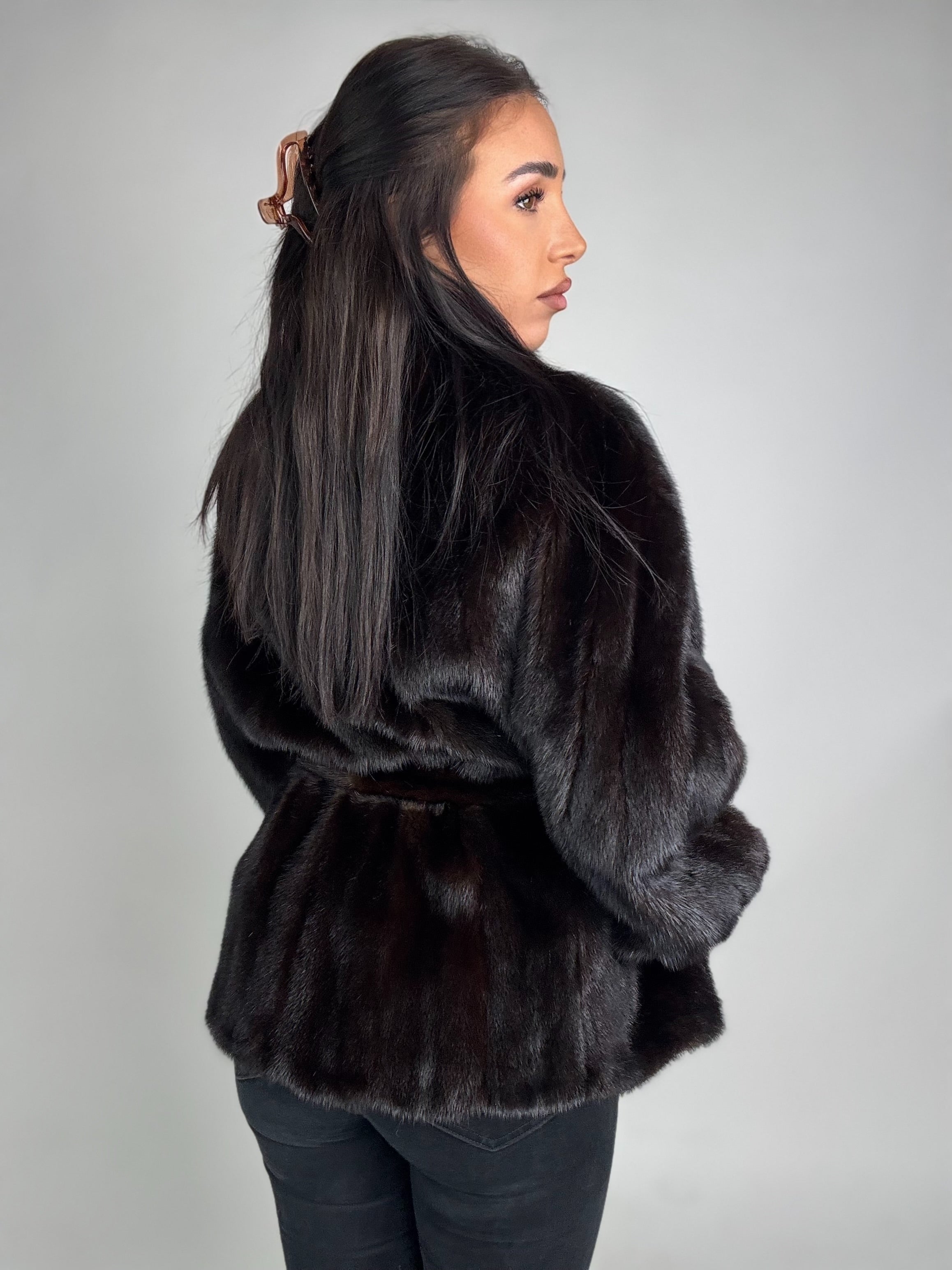 Mink jacket with belt and hood