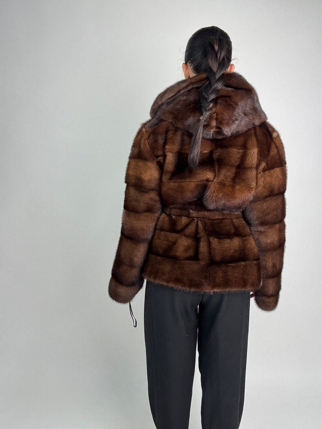 Mink jacket with belt and hood