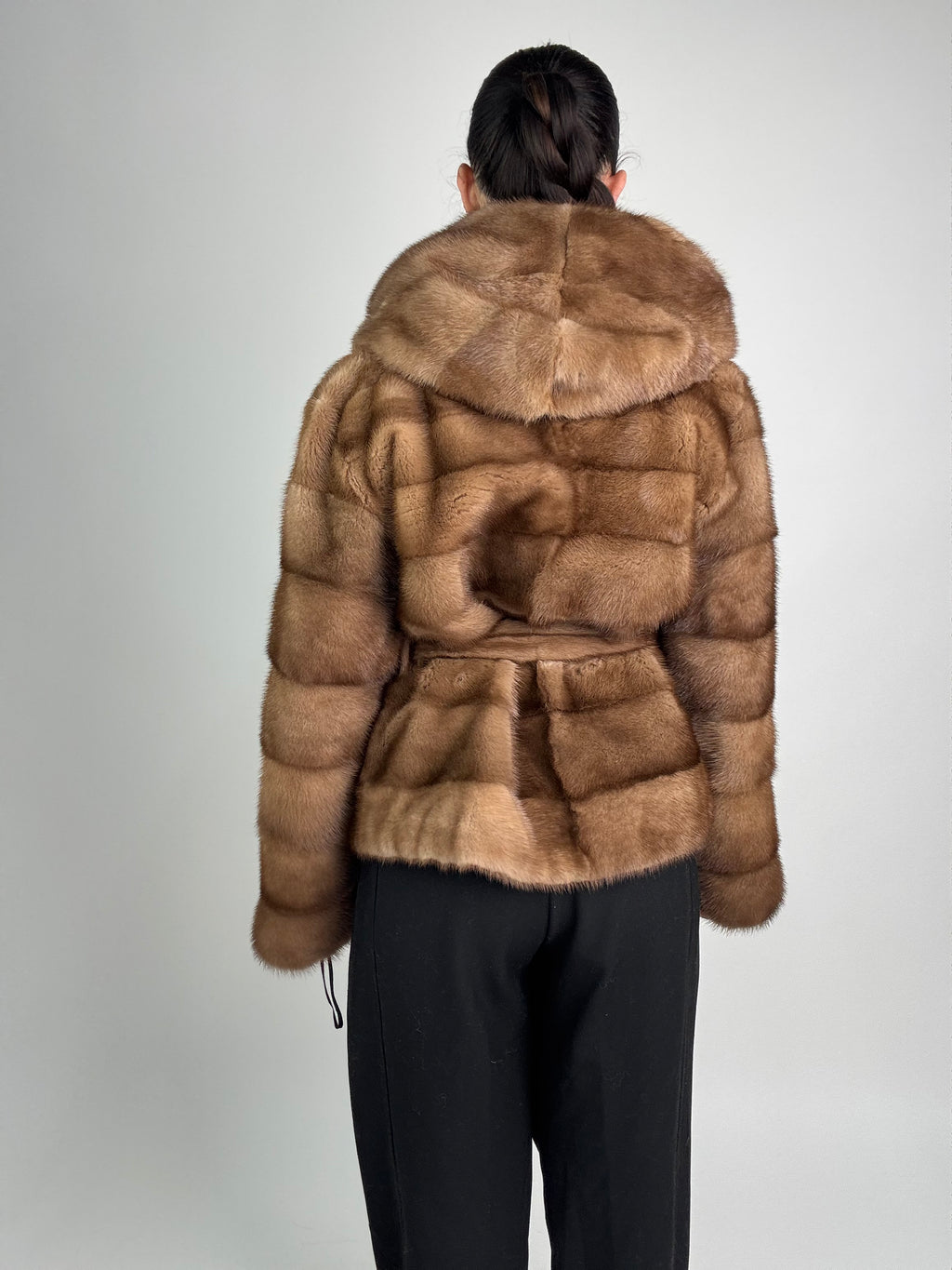 Mink jacket with belt and hood