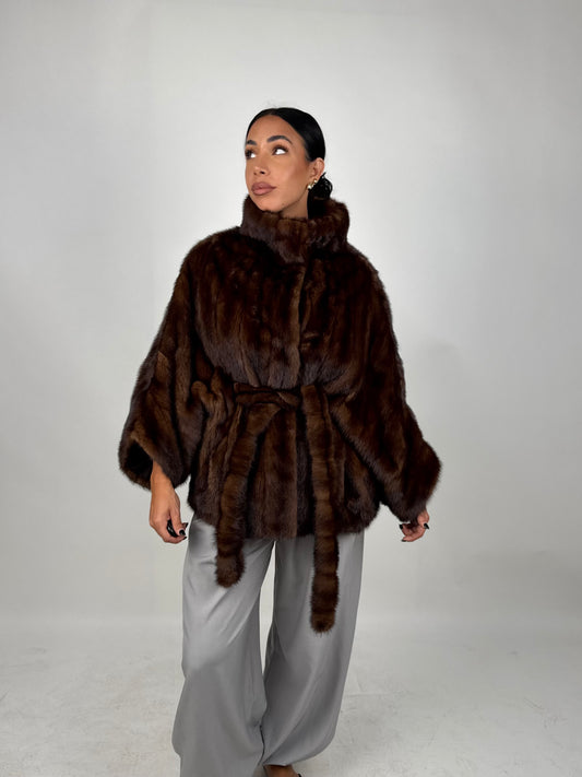 Mink jacket with belt and hood