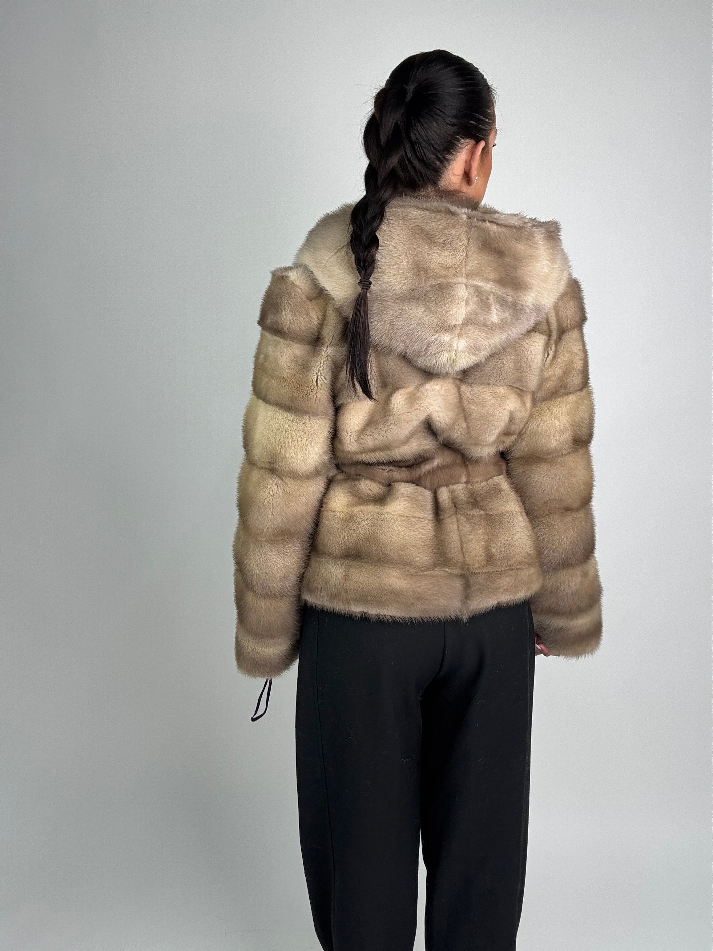 Mink jacket with belt and hood