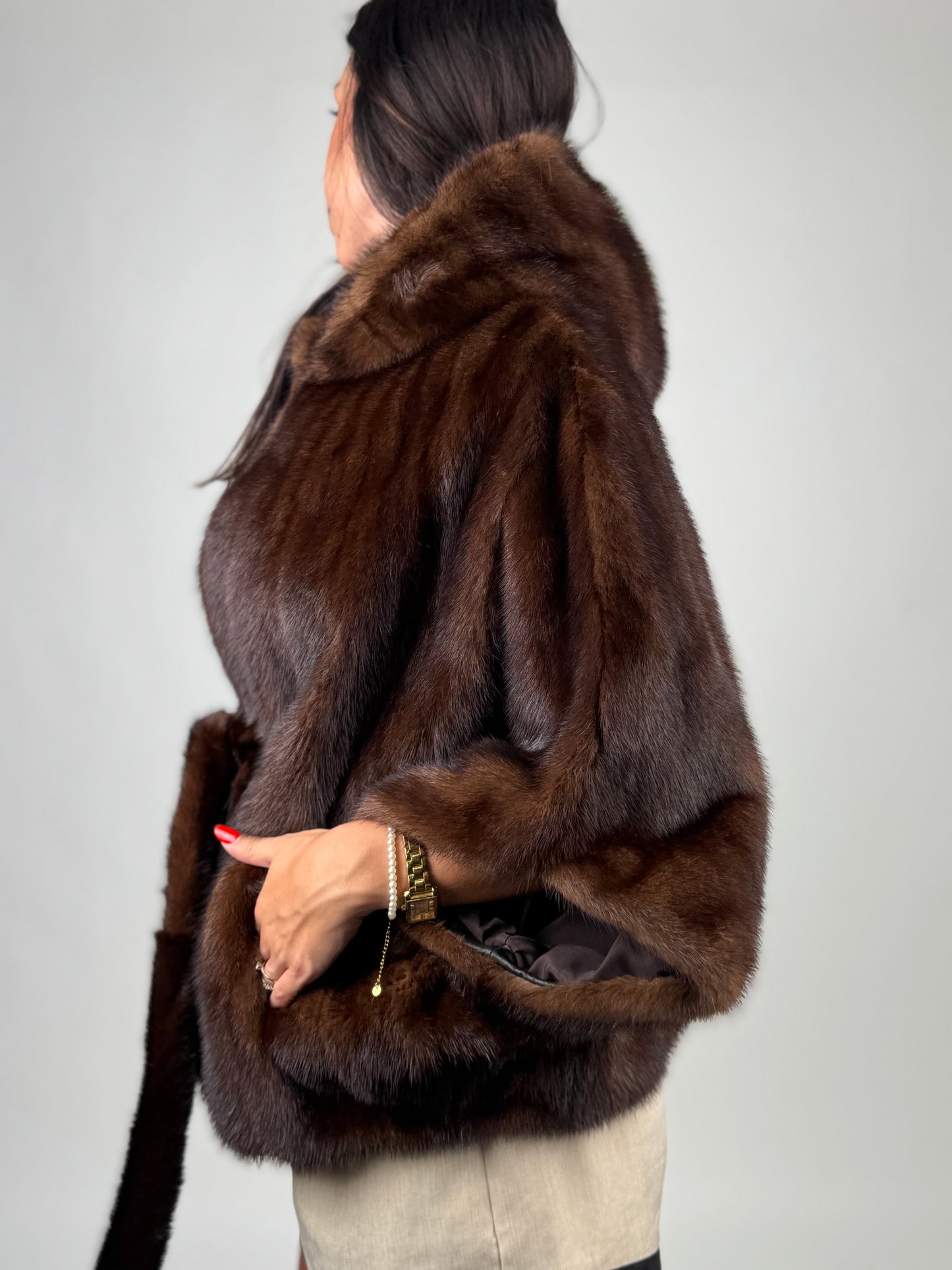 Mink jacket with belt and hood