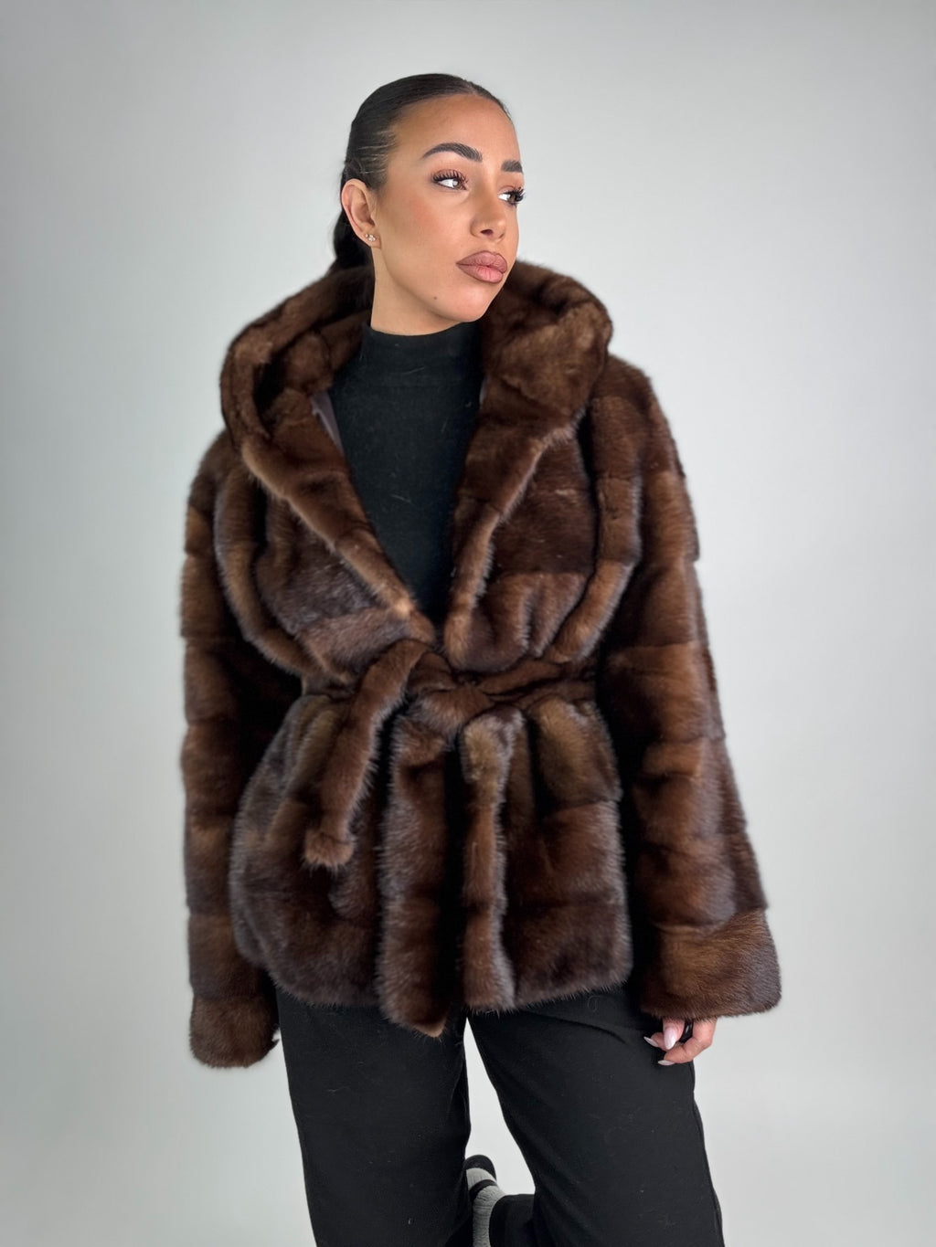 Mink jacket with belt and hood