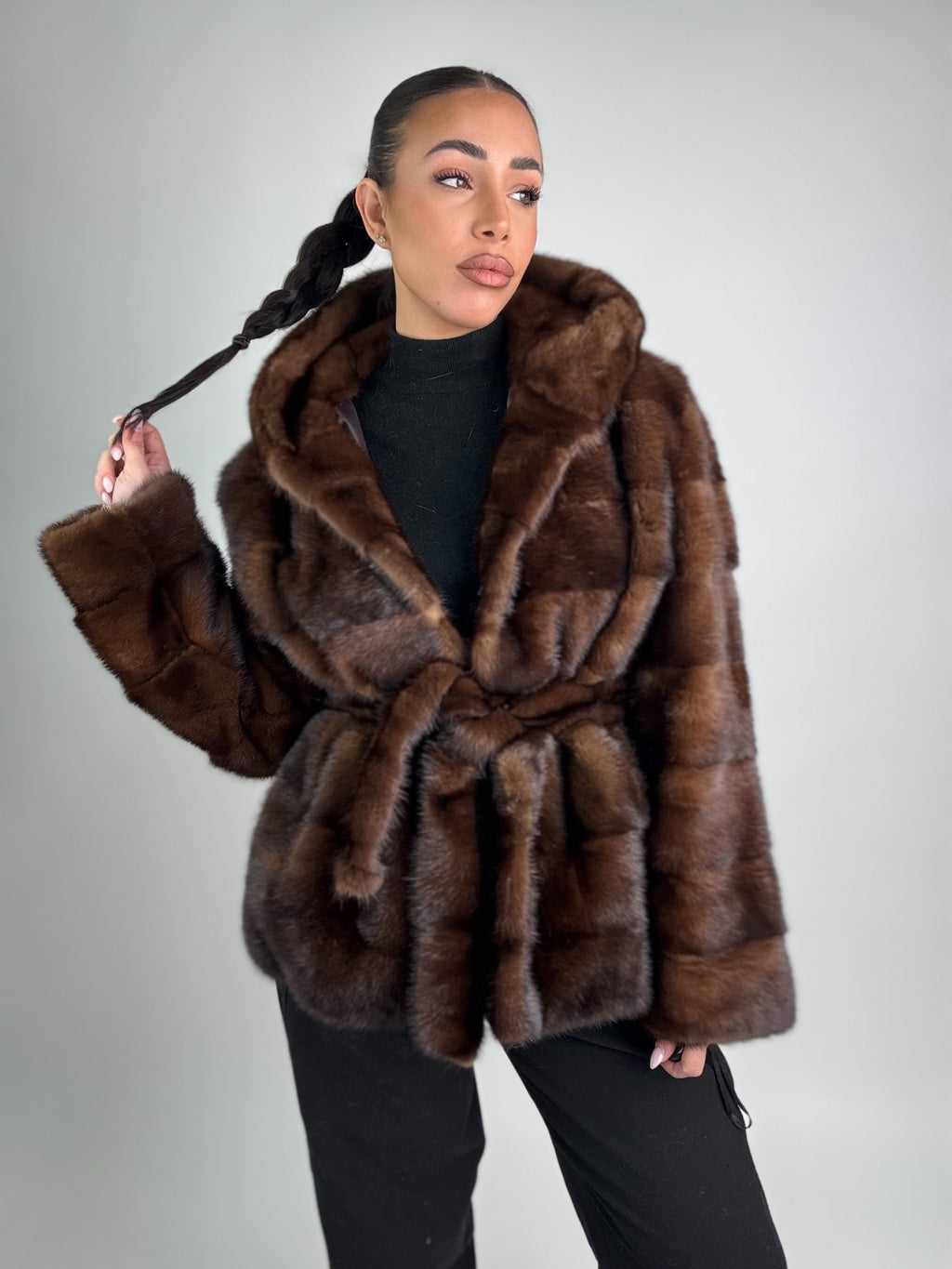 Mink jacket with belt and hood