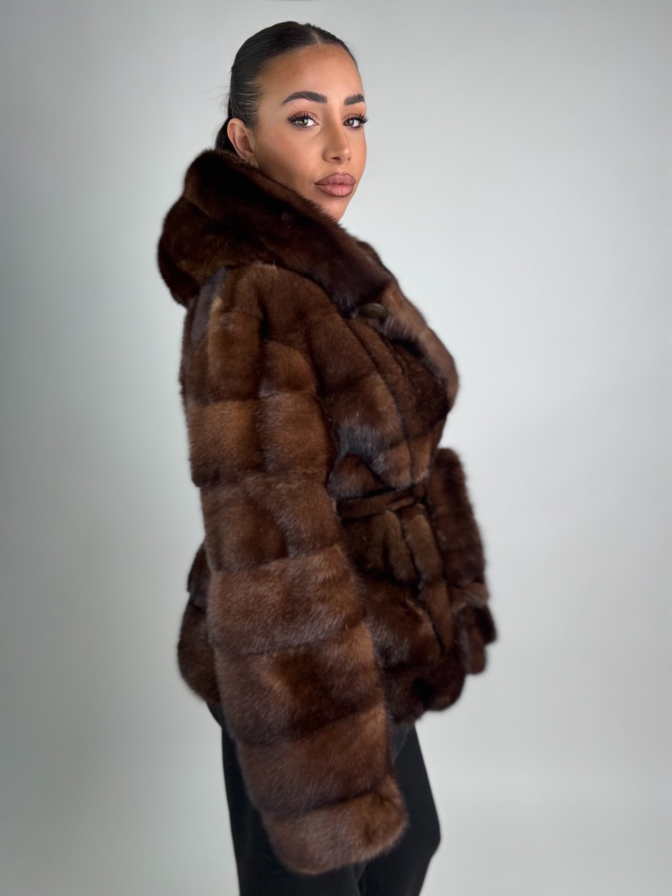 Mink jacket with belt and hood