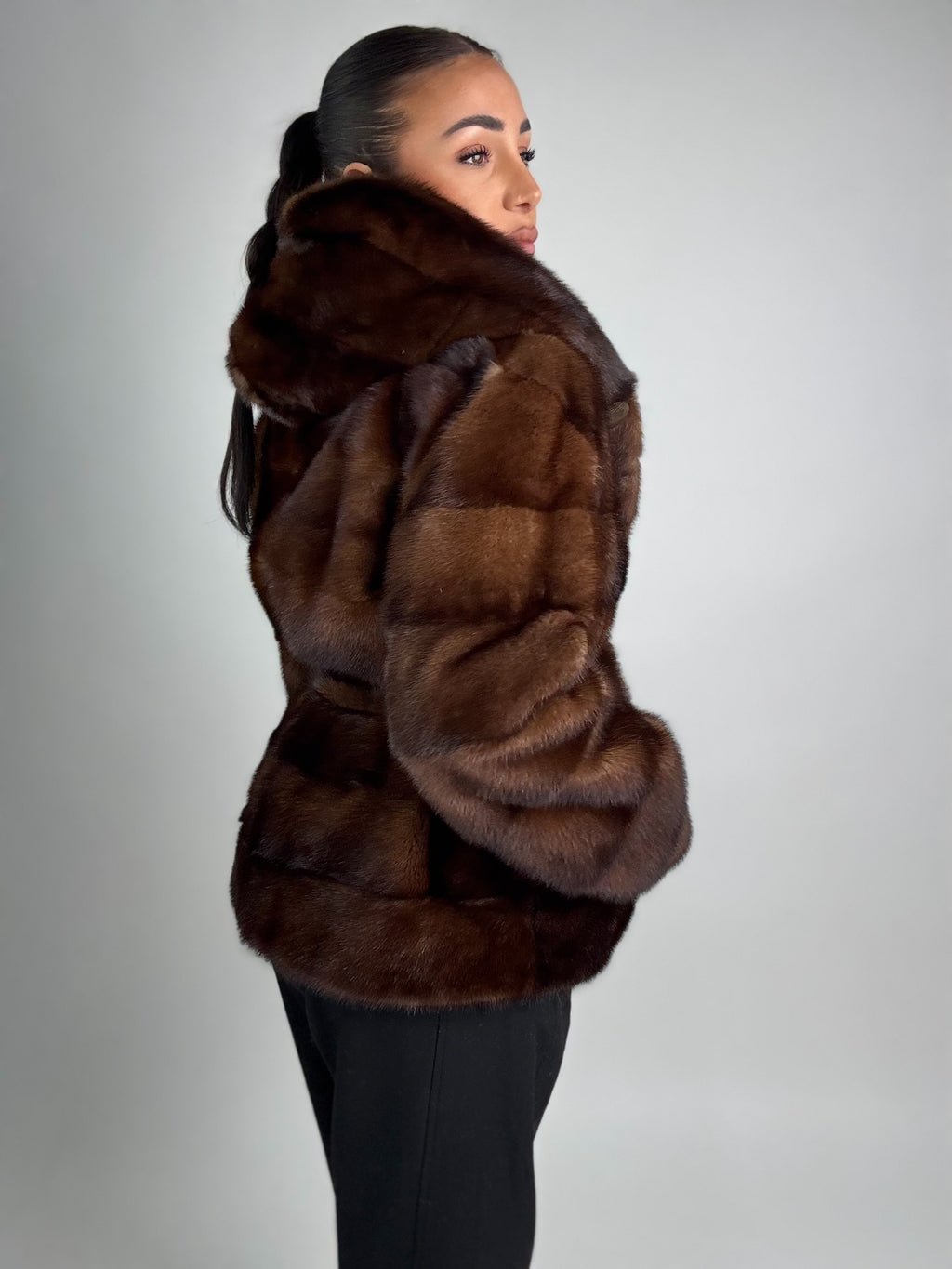 Mink jacket with belt and hood