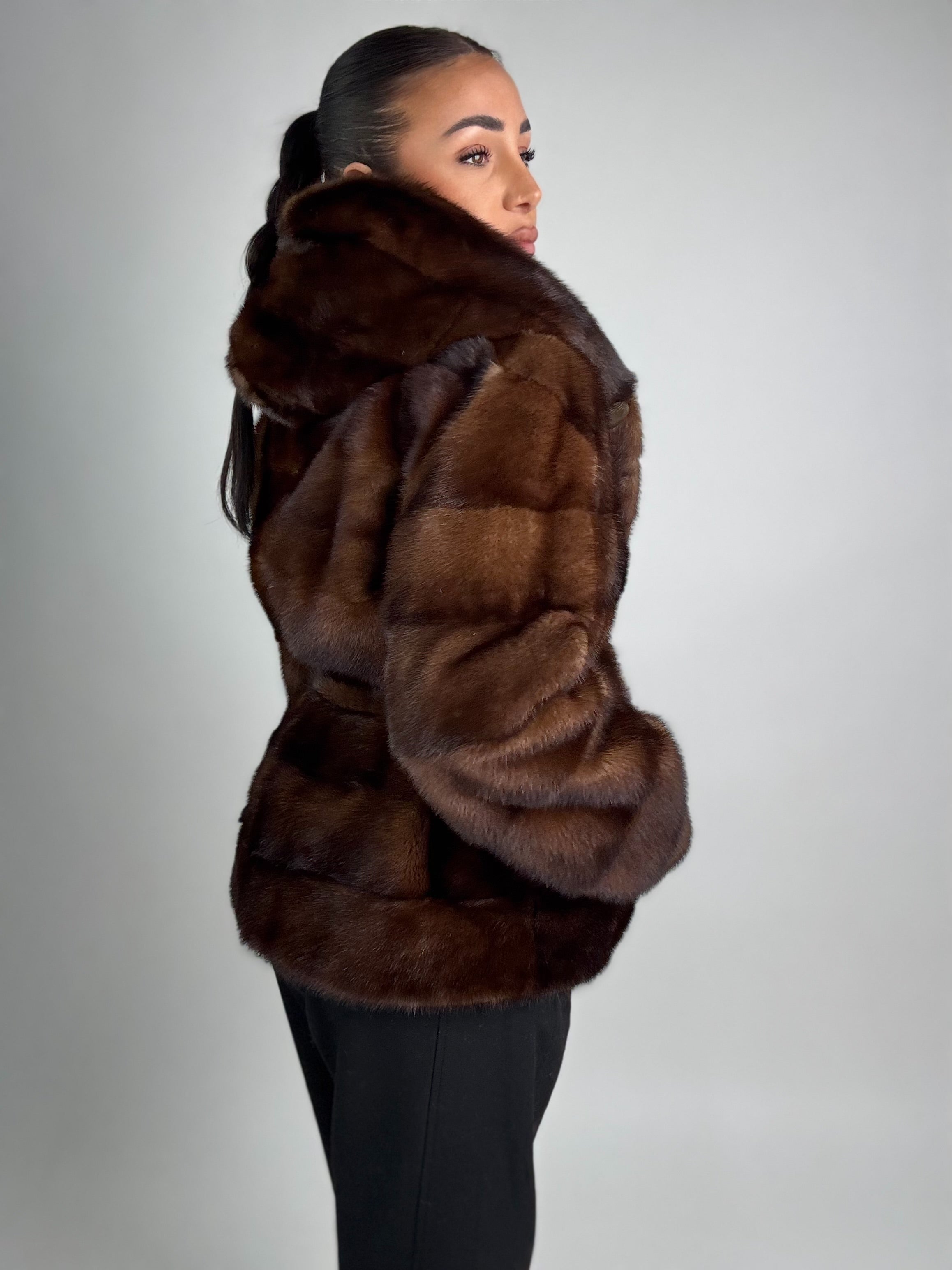 Mink jacket with belt and hood
