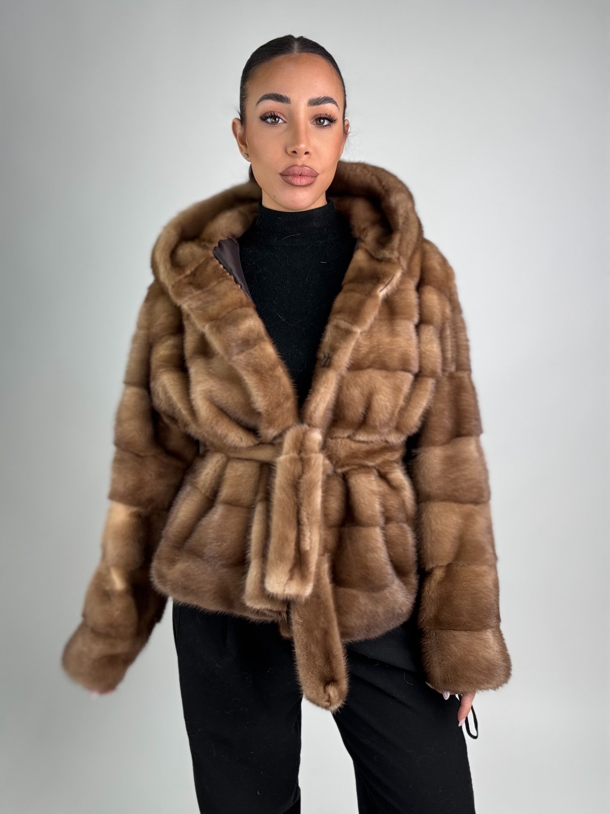 Mink jacket with belt and hood