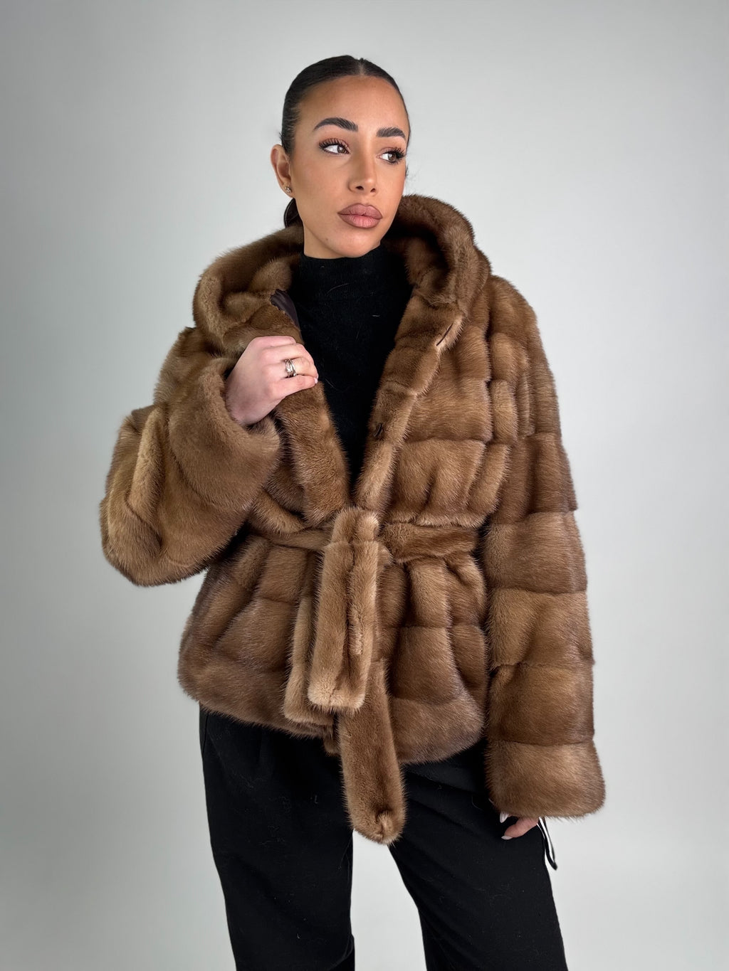 Mink jacket with belt and hood