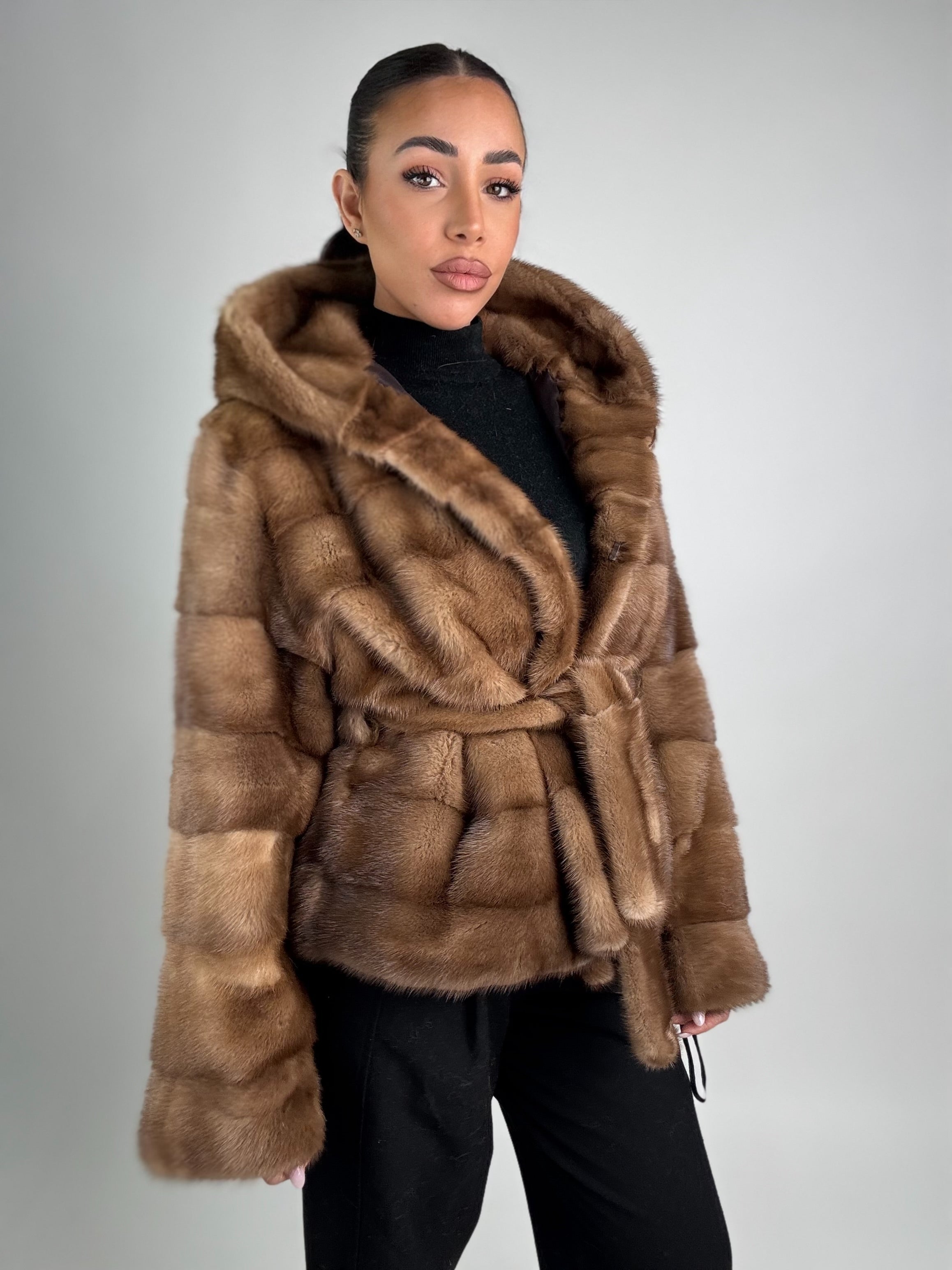 Mink jacket with belt and hood