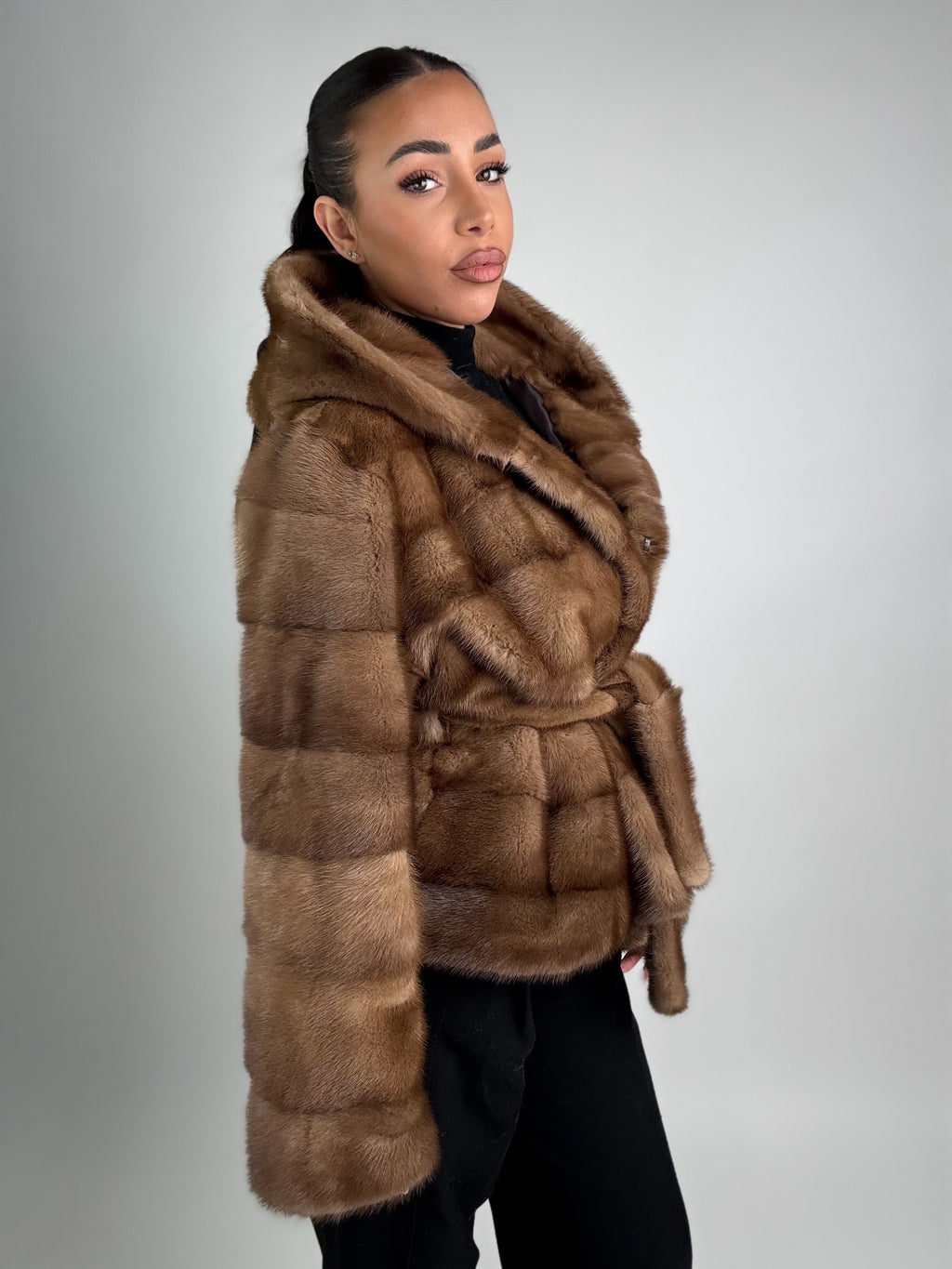 Mink jacket with belt and hood