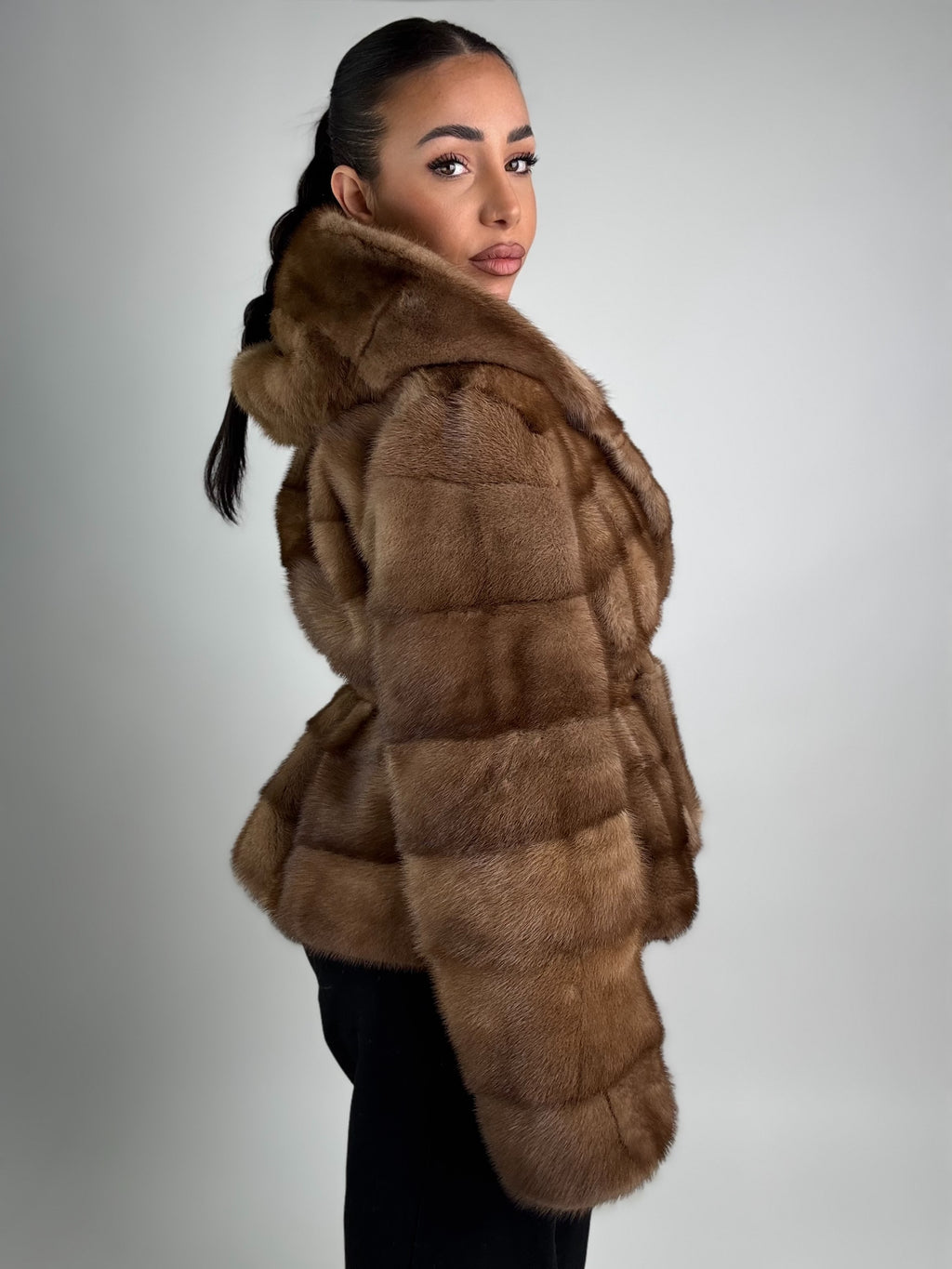 Mink jacket with belt and hood