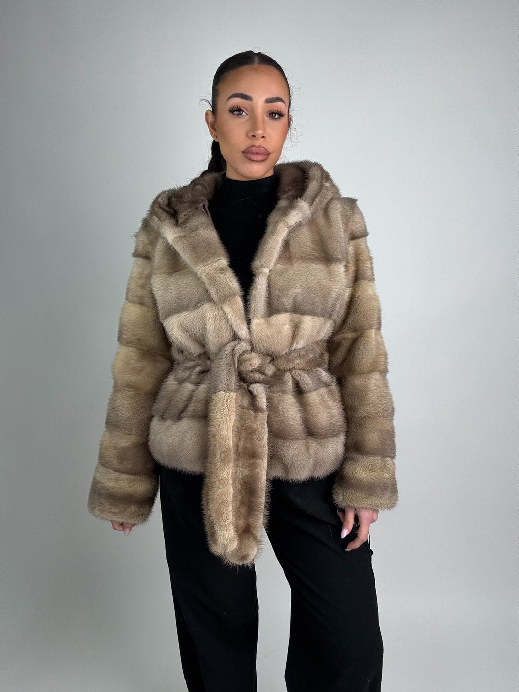 Mink jacket with belt and hood