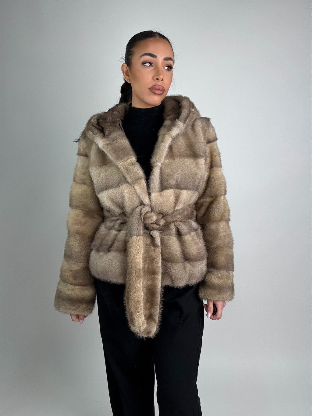 Mink jacket with belt and hood