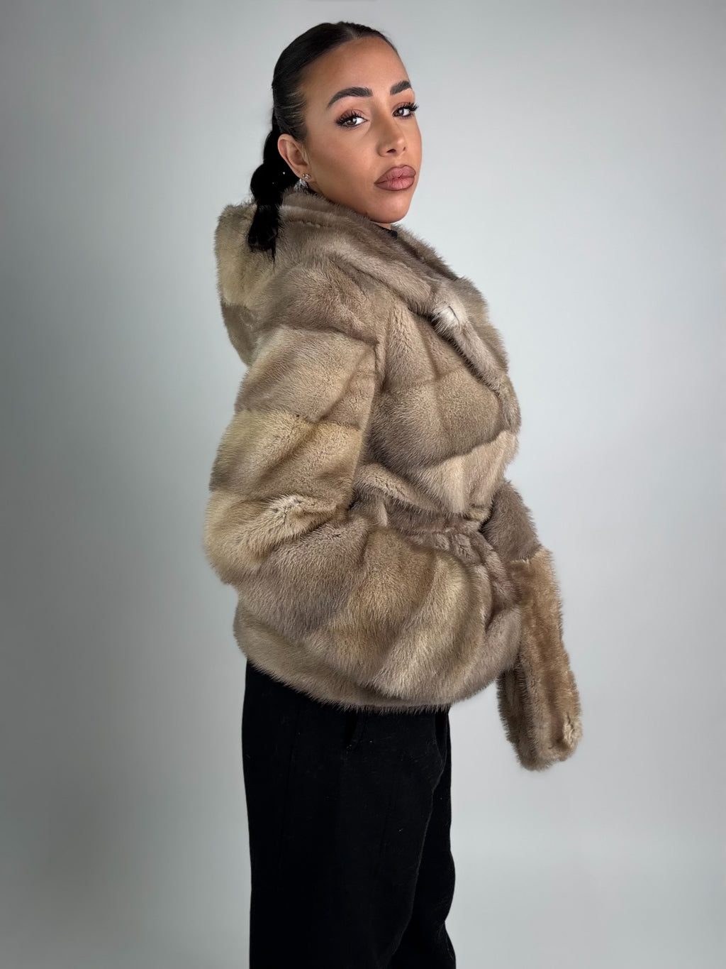 Mink jacket with belt and hood