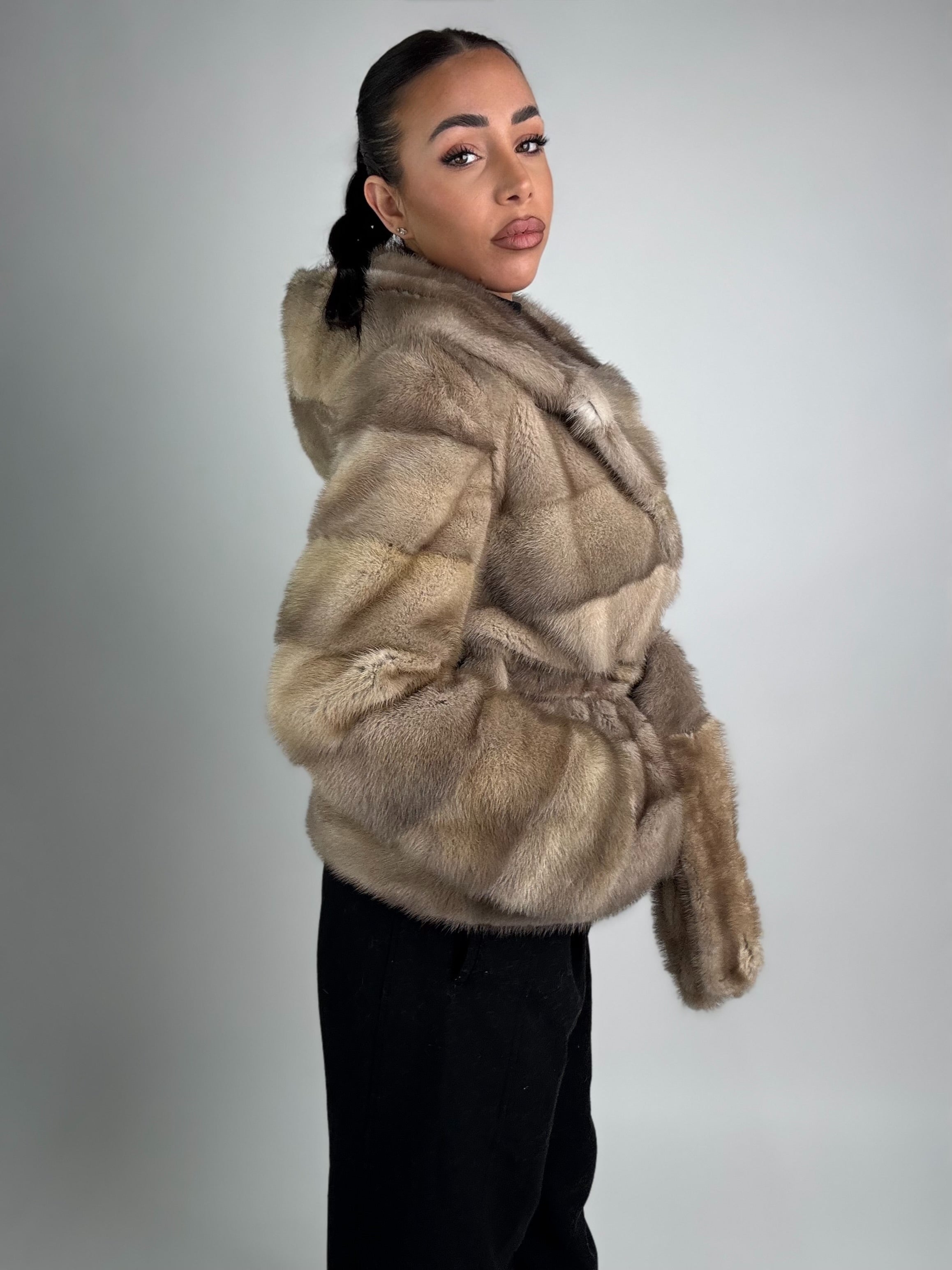 Mink jacket with belt and hood