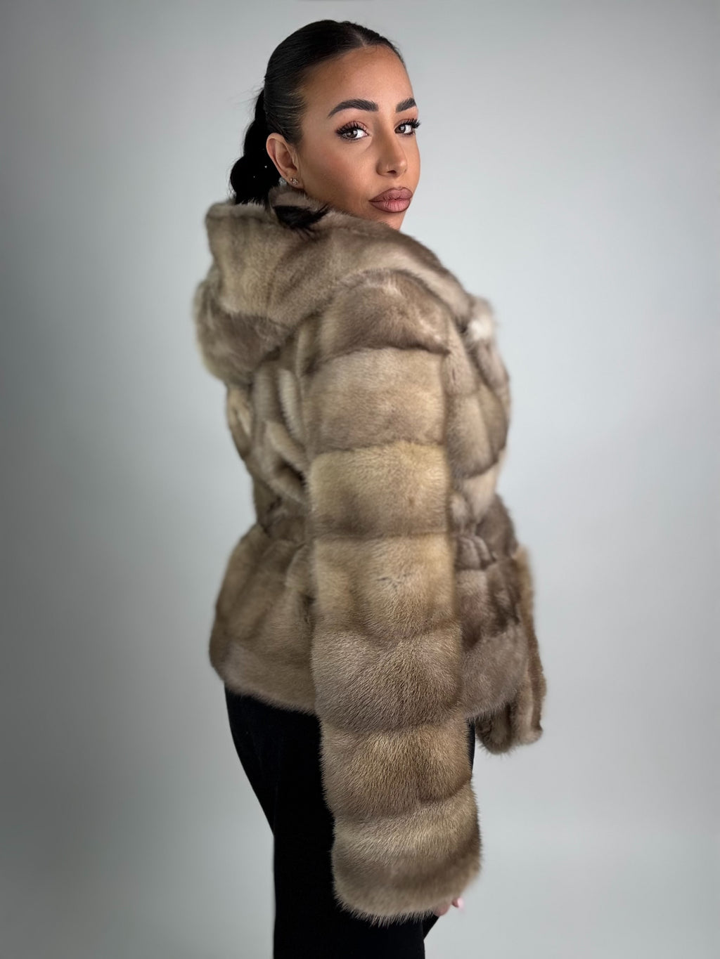 Mink jacket with belt and hood