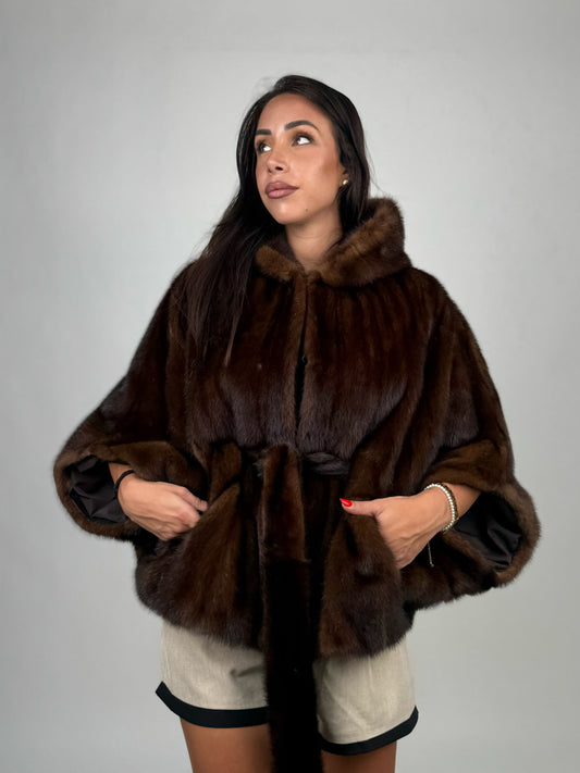 Mink jacket with belt and hood