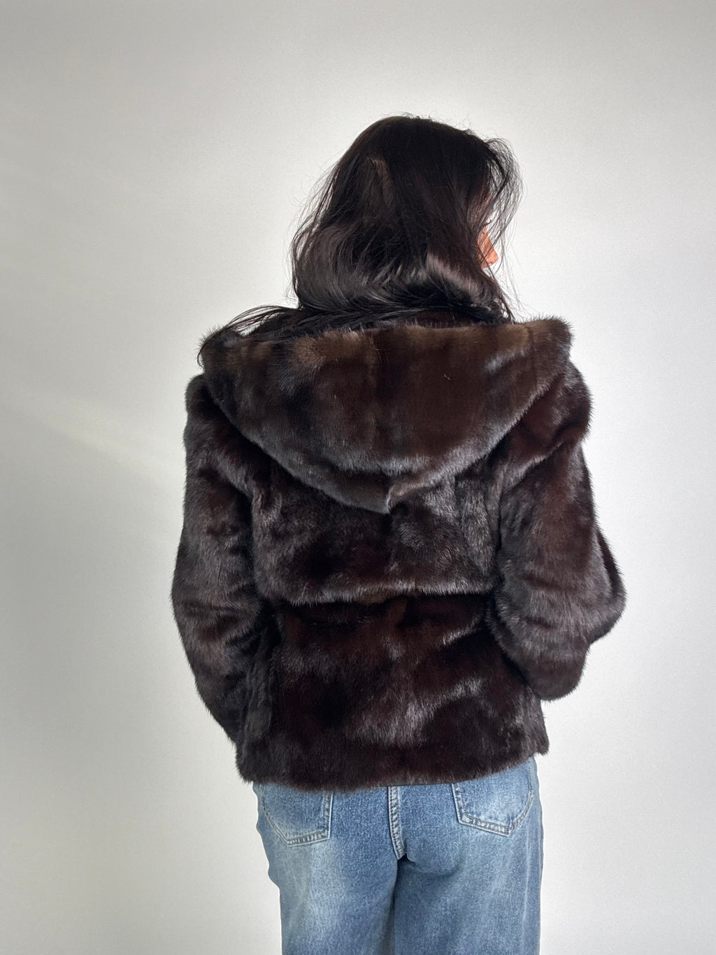 Mink jacket with belt and hood