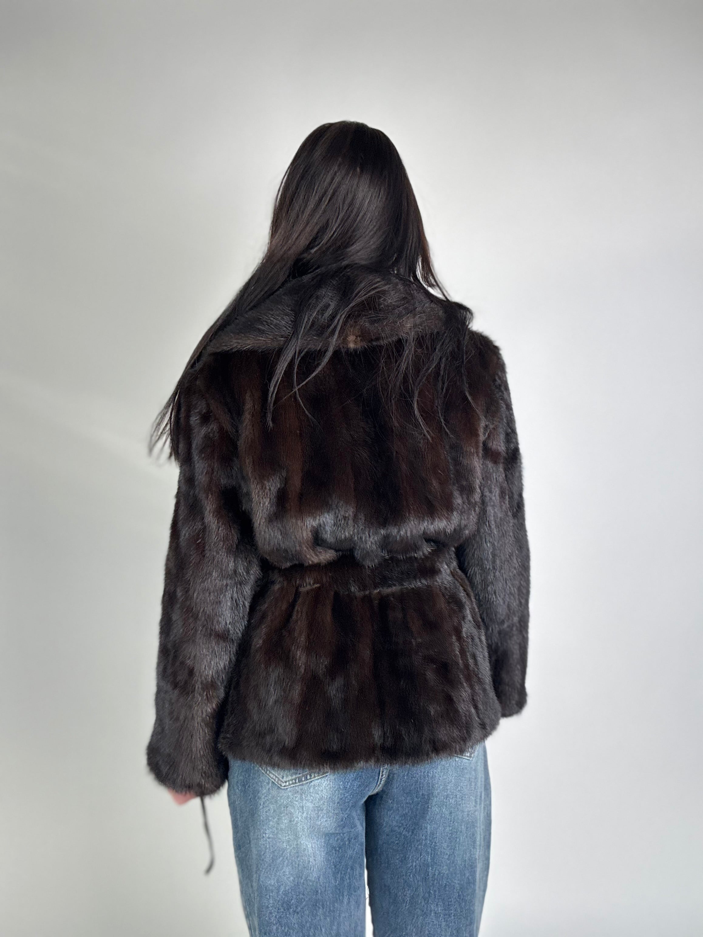 Mink jacket with belt and hood