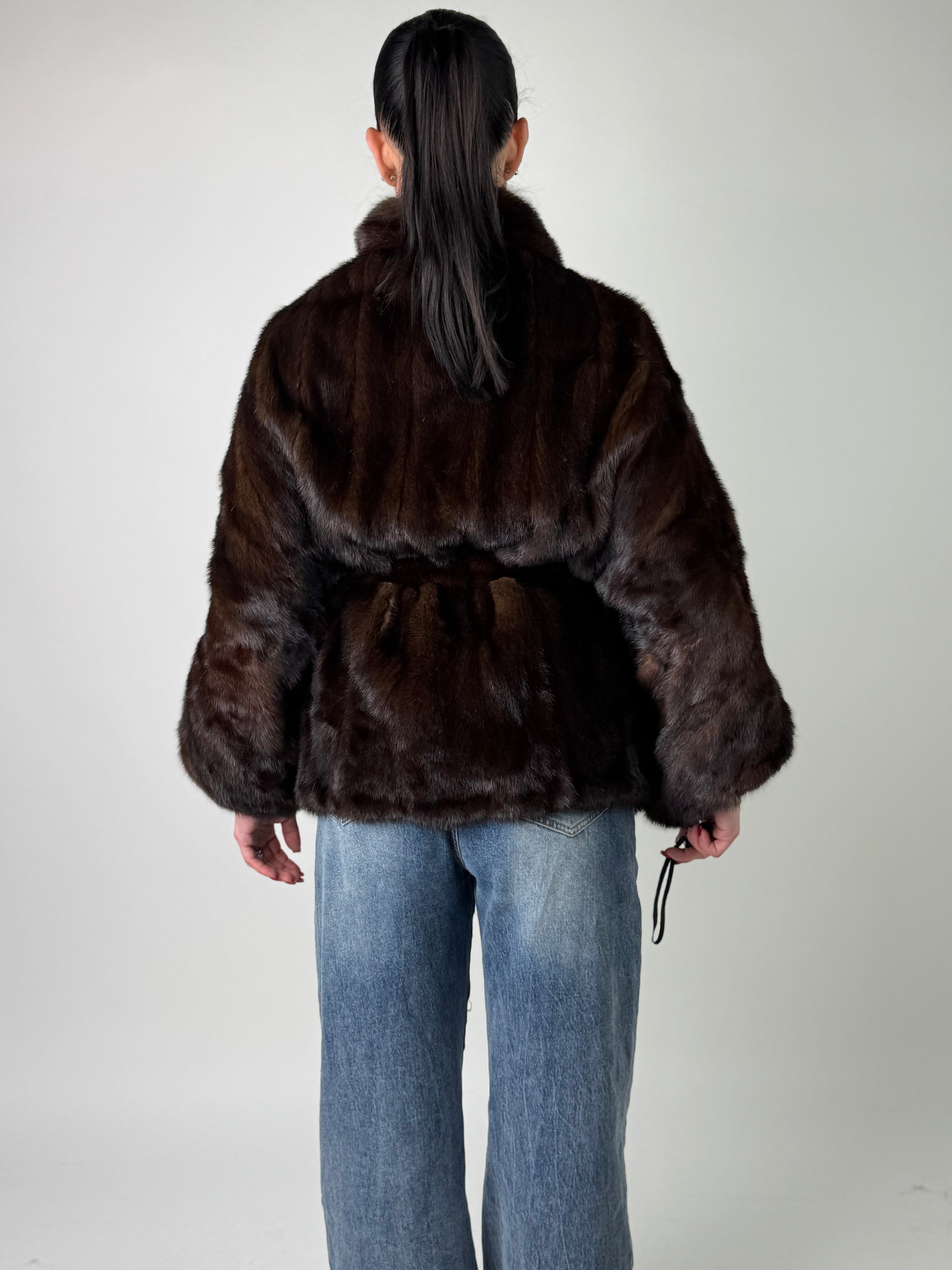 Mink jacket with belt and hood