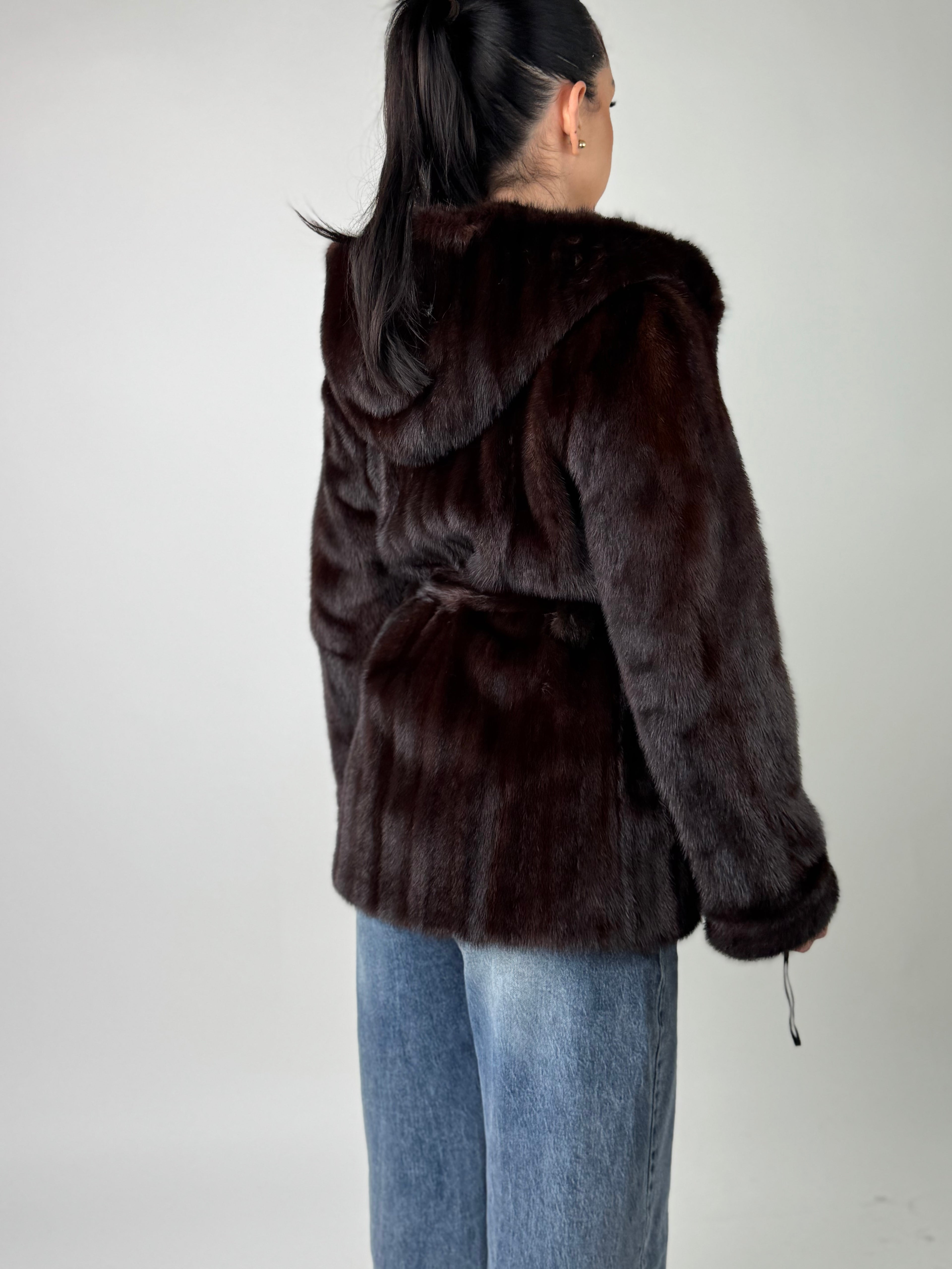 Mink jacket with belt and hood