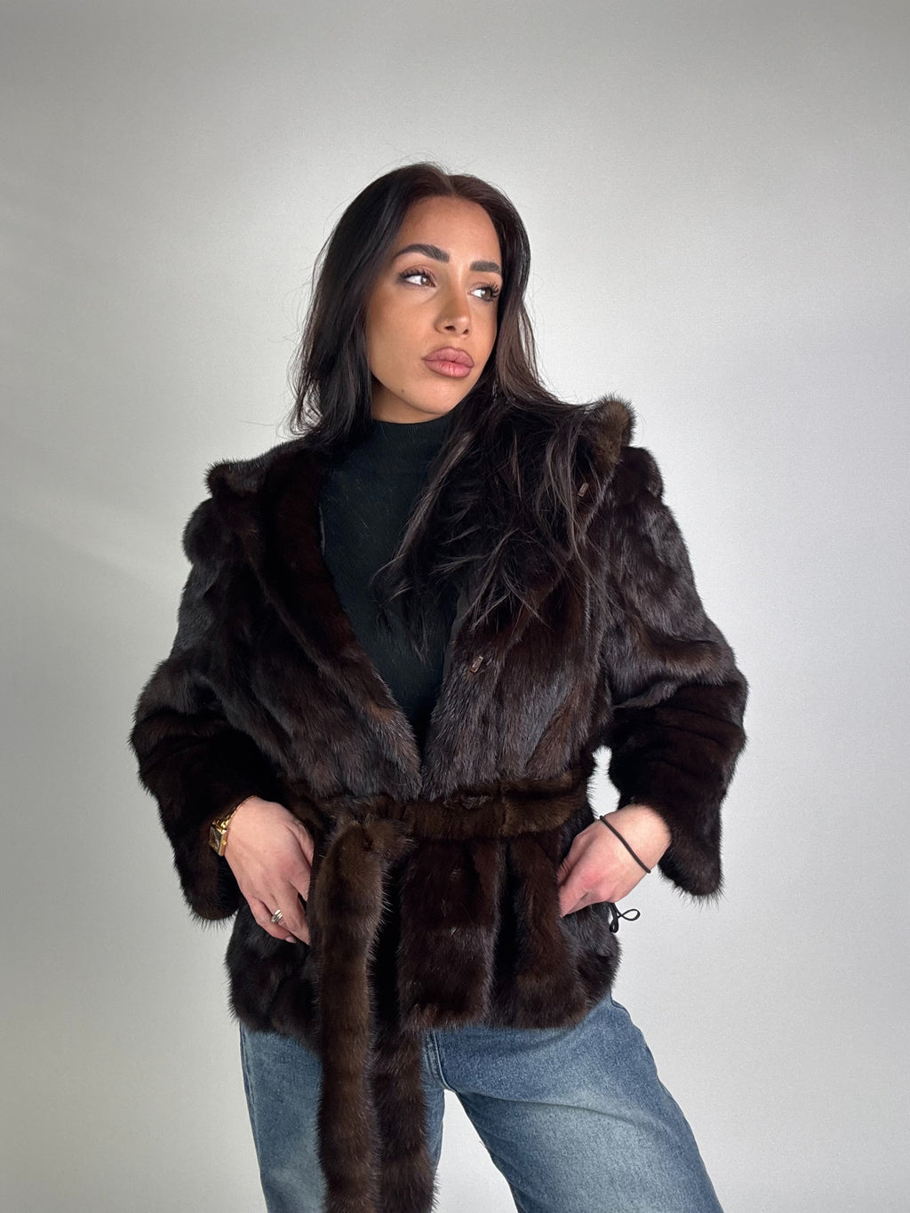Mink jacket with belt and hood