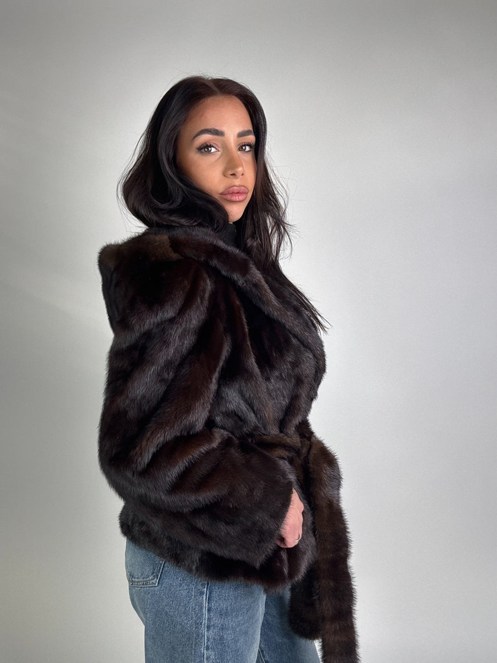 Mink jacket with belt and hood