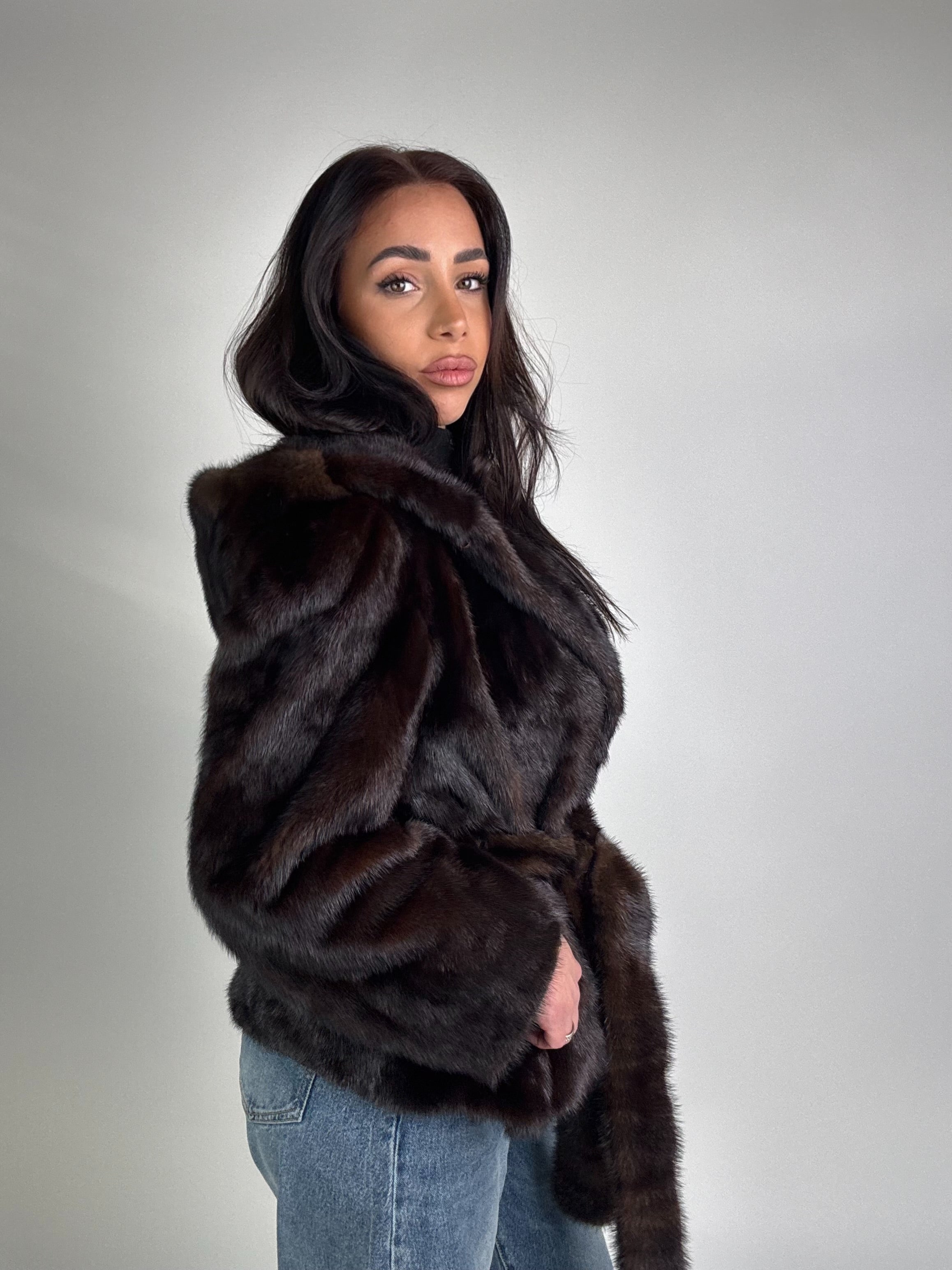 Mink jacket with belt and hood