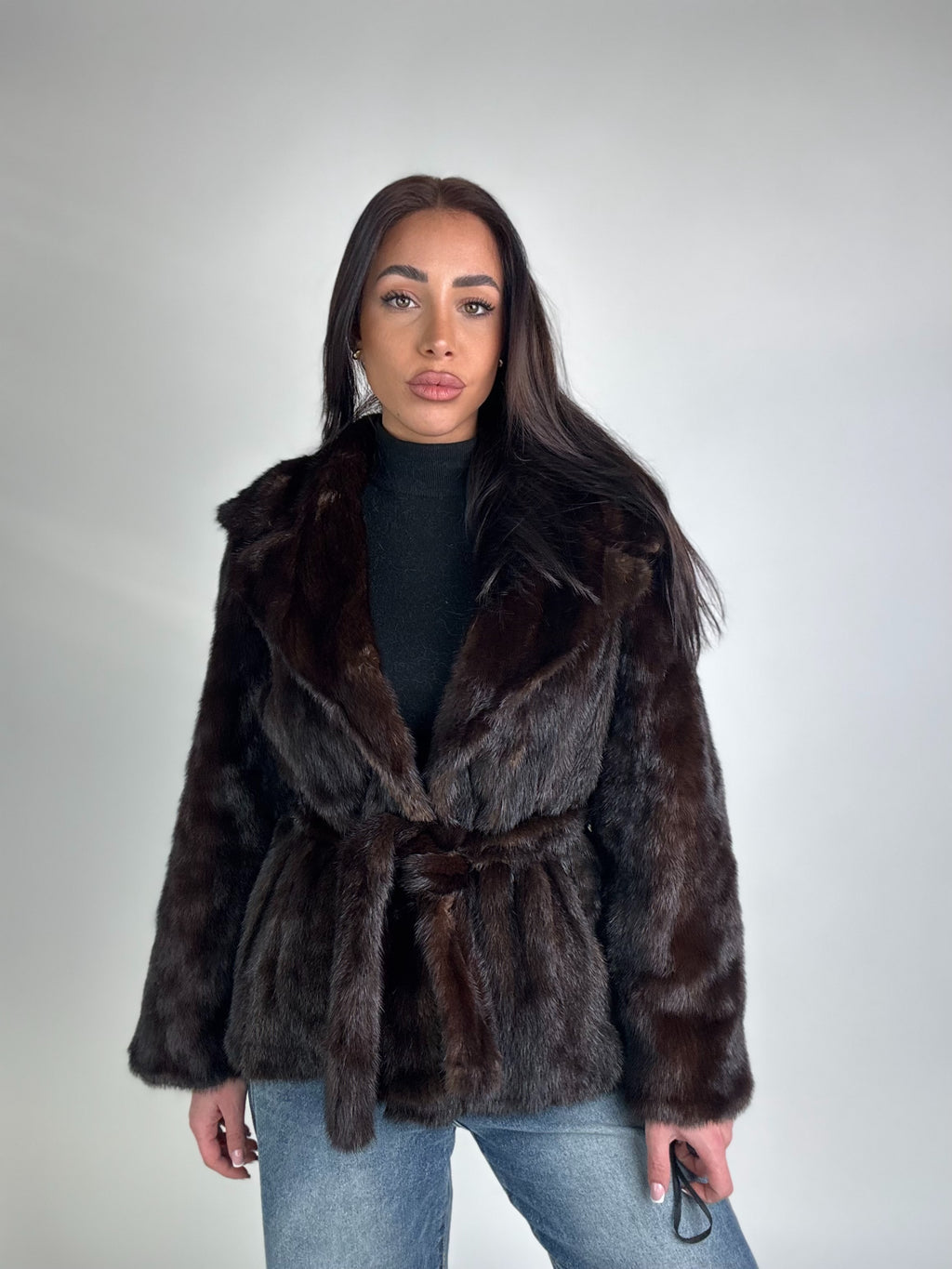 Mink jacket with belt and hood