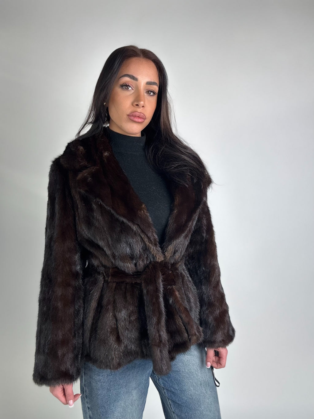 Mink jacket with belt and hood