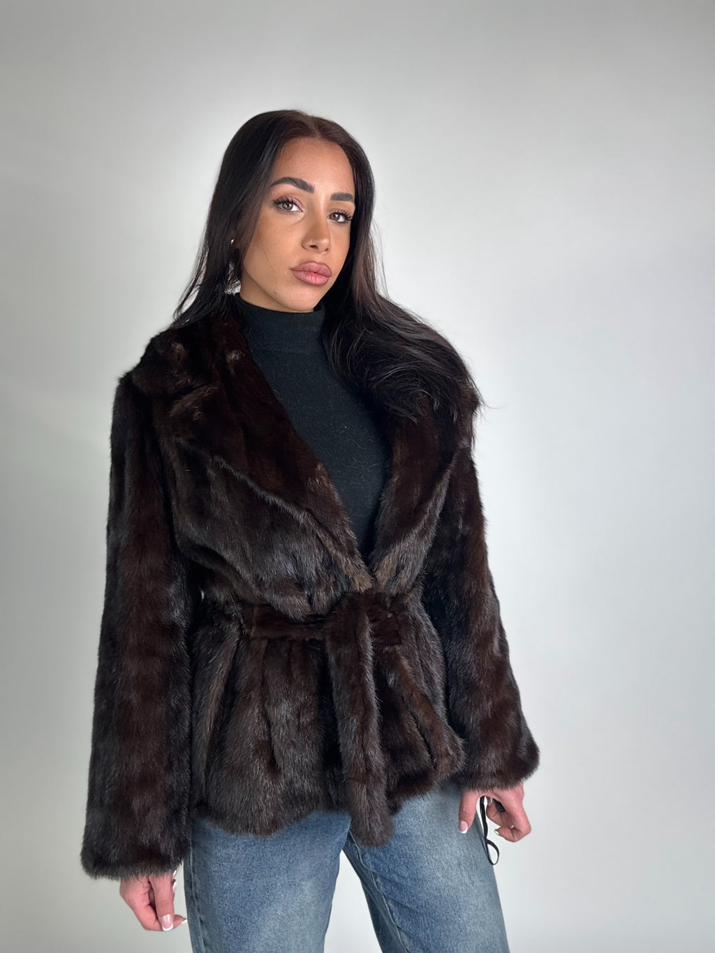 Mink jacket with belt and hood