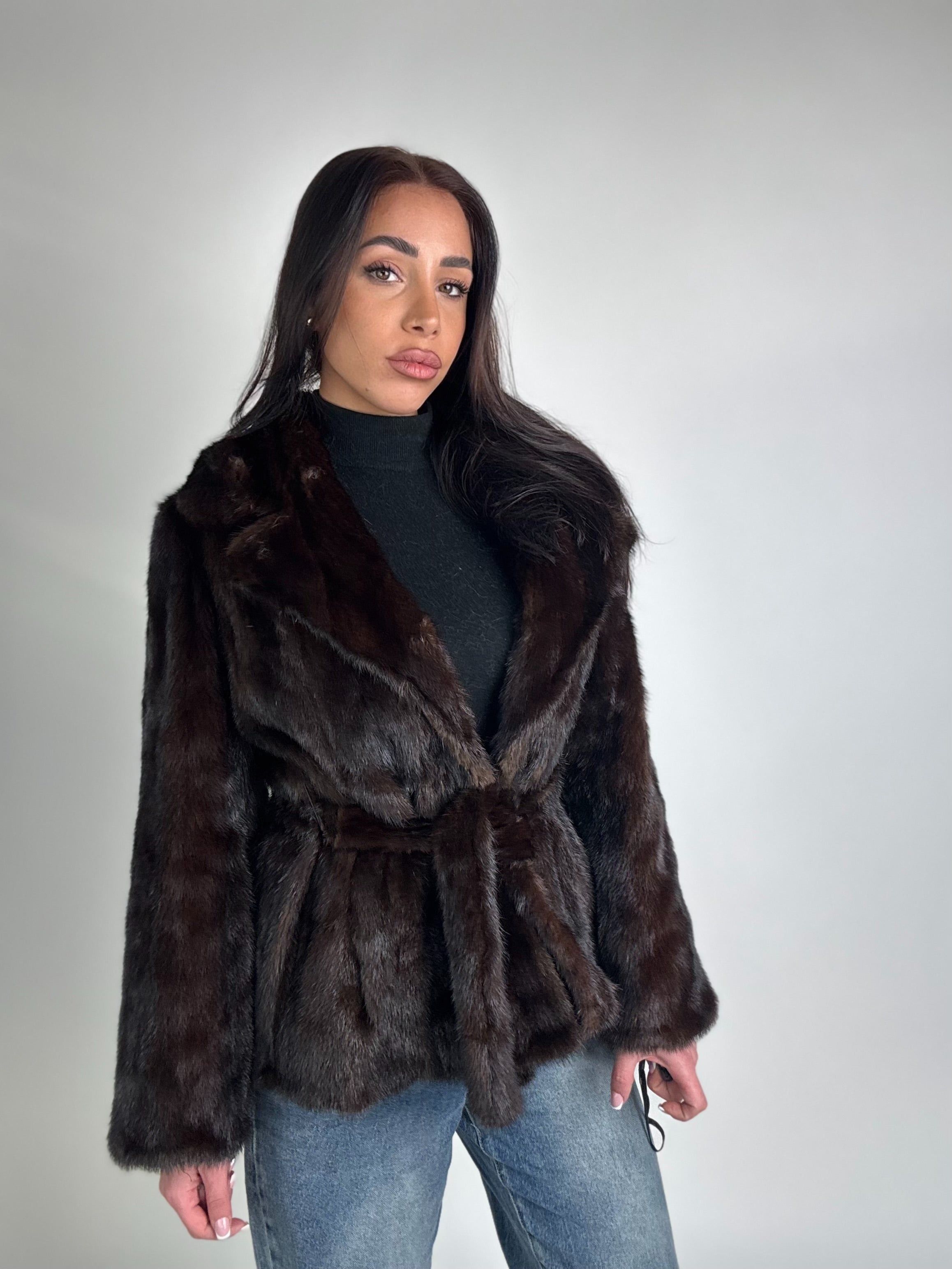 Mink jacket with belt and hood