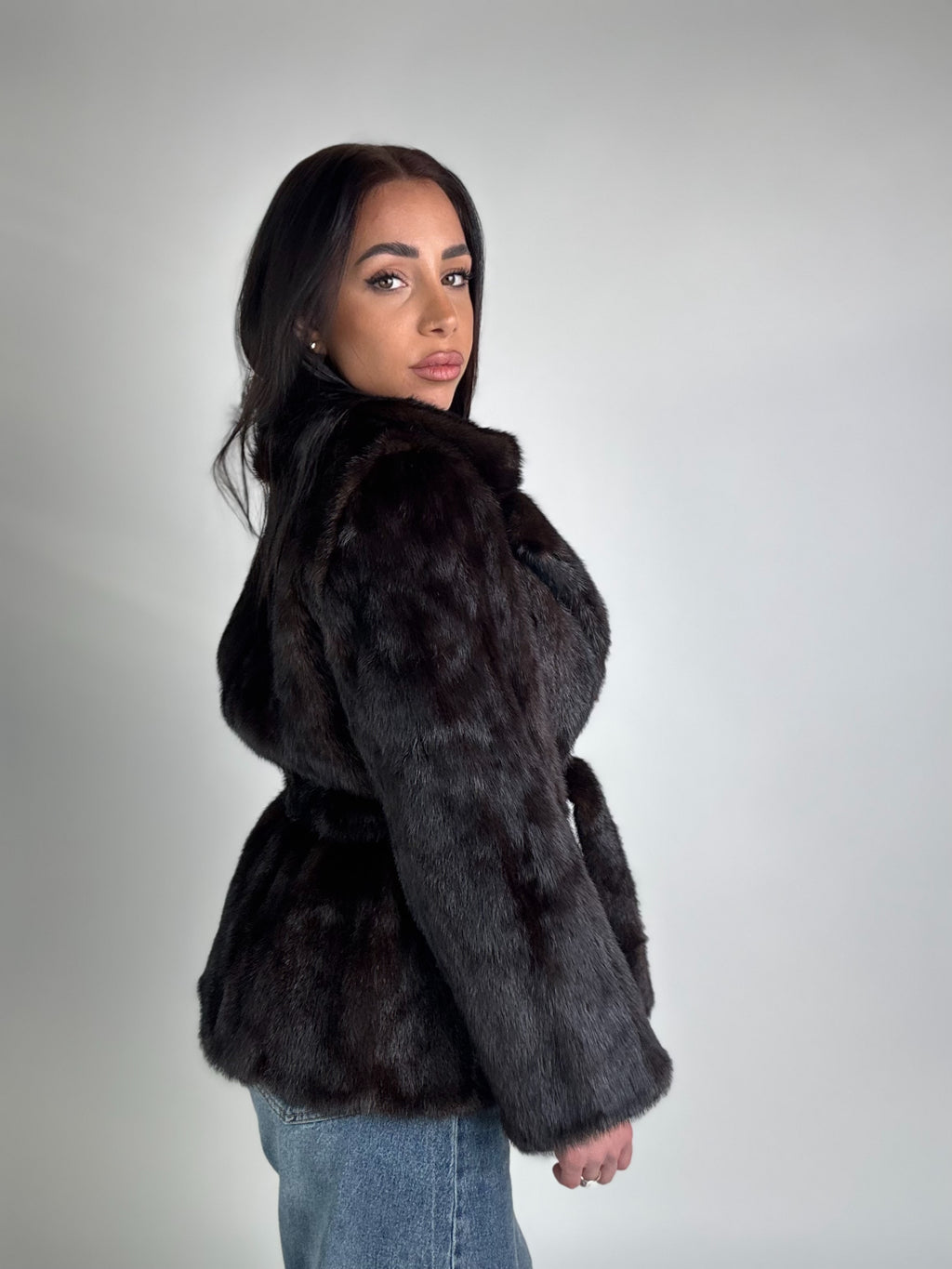 Mink jacket with belt and hood
